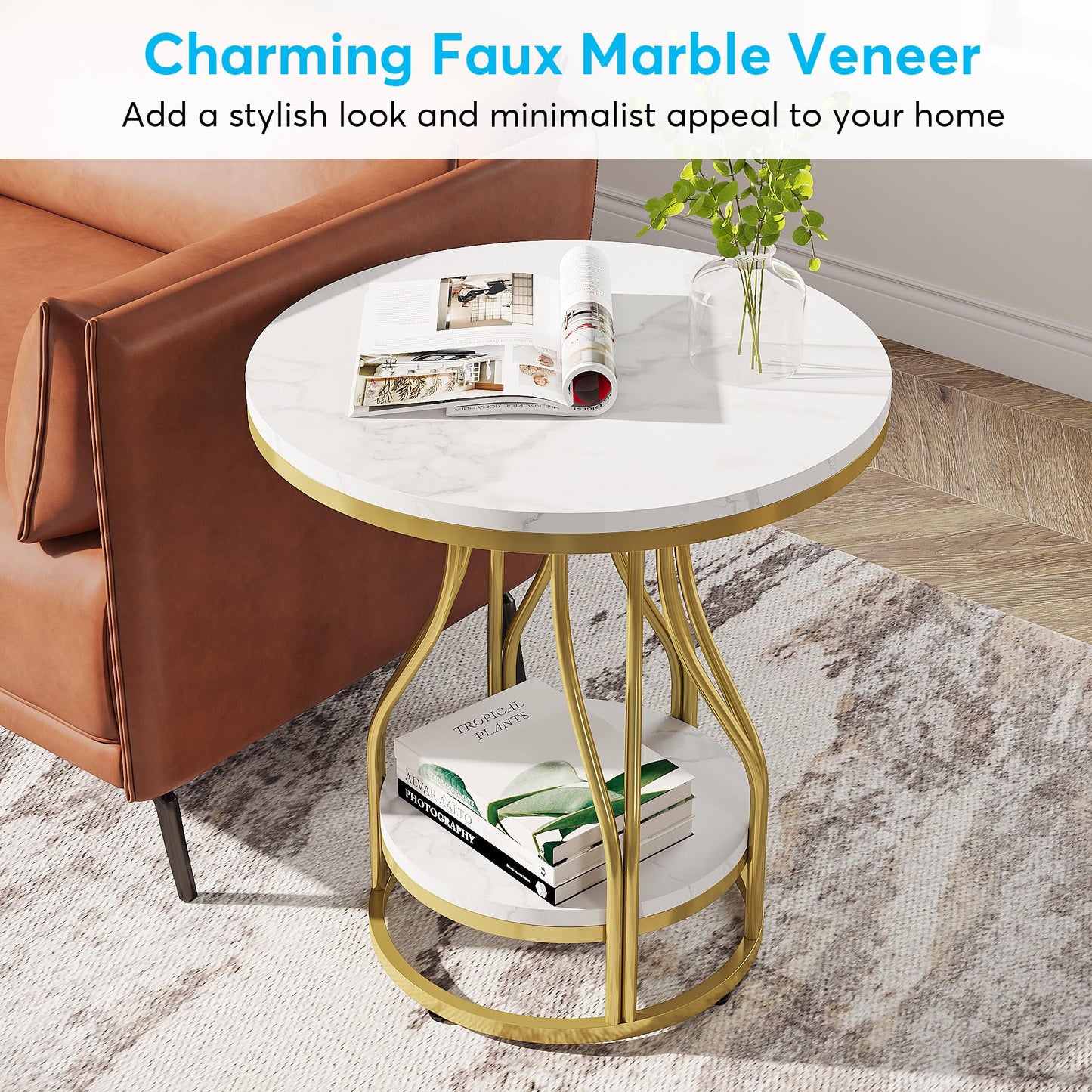 Tribesigns Round Side End Table 2-Tier End Tables Modern Bedside Table Small Chairside Tables with Storage for Couch Side, Nightstand with Metal Frame for Living Room (1, White+Gold)