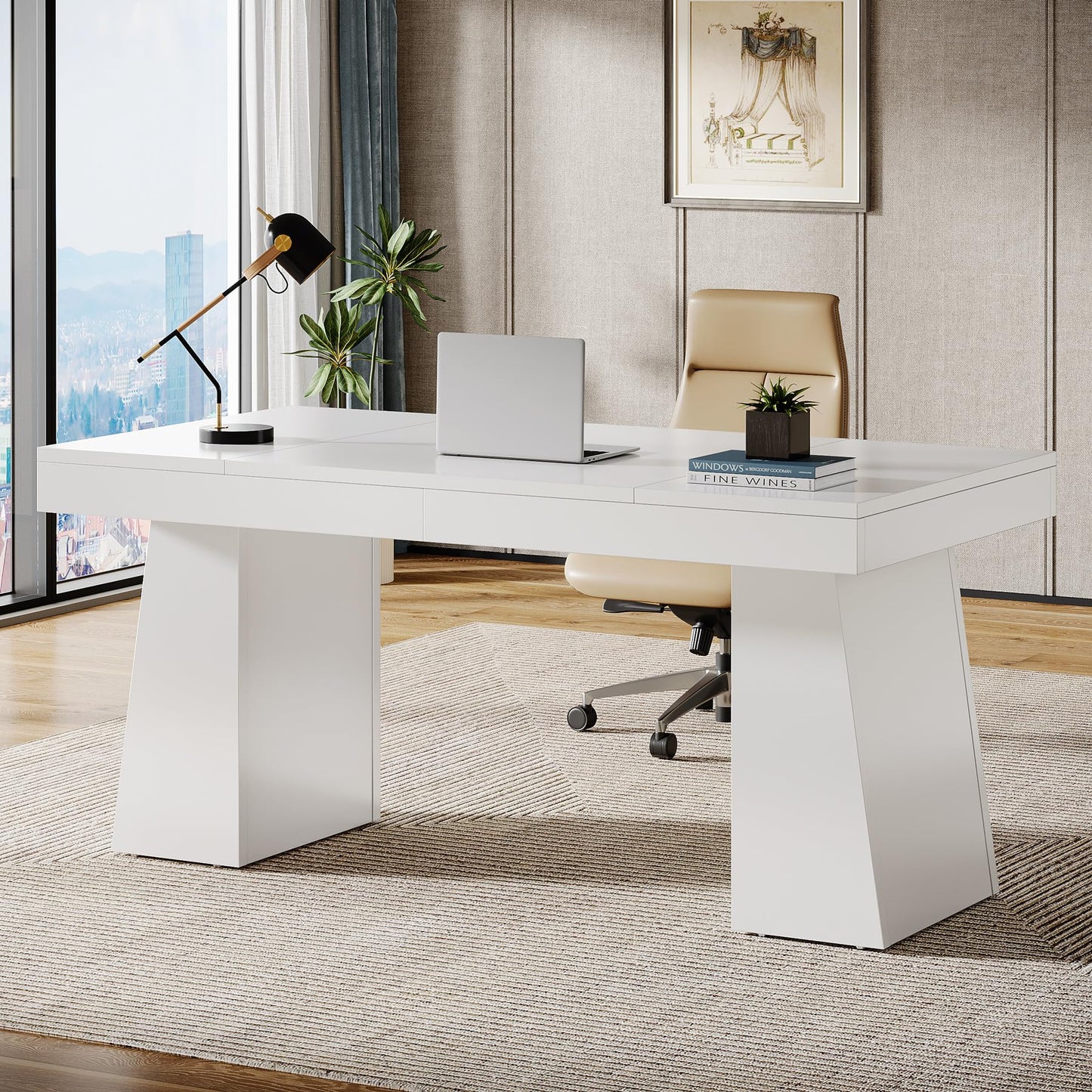 Tribesigns 55 Inches Executive Desk, Mid-Century Modern Home Office Desk, Wood MDF Computer Table Business Workstation Small Conference Table, Light Brown