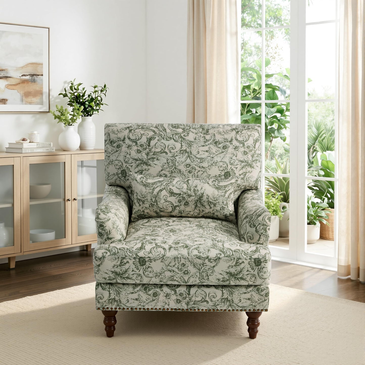 Accent Chair for Living Room, Upholstered Armchair with Nailhead Trim & Solid Wood Legs, Mid Century Modern Club Chair for Bedroom/Reading Room, Rococo Green