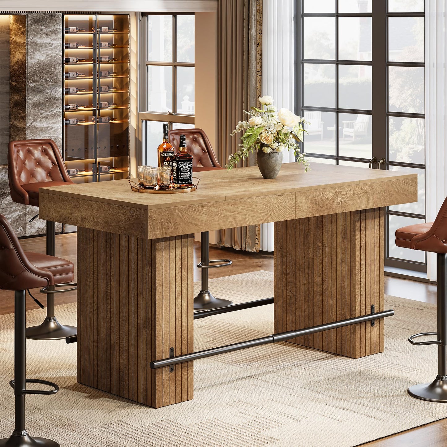 Tribesigns 62.2 Inch Bar Table, Industrial Counter Height Pub Dining Table, Rectangular Home Bar Units with Metal Footrest for Home Kitchen, Dining Room, Bistro, Brown and Dark Grey