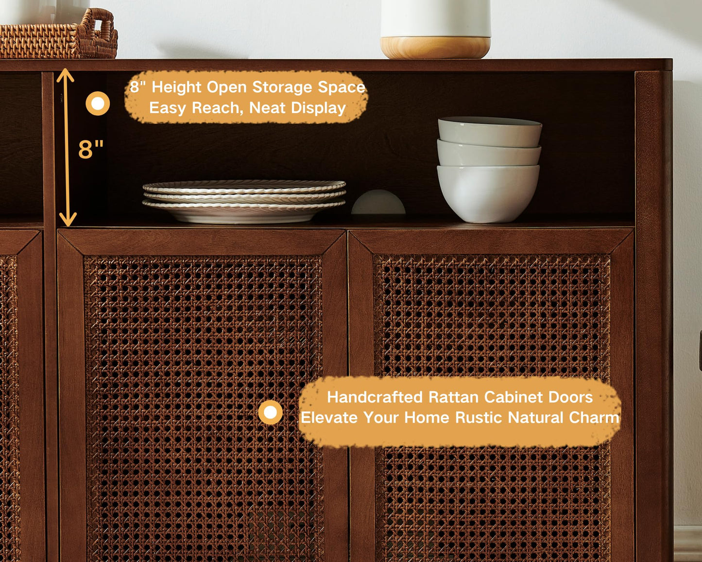 LKTART 63" Rattan Sideboard Buffet Cabinet,Kitchen Storage Cabinet,Wood Coffee Bars with 4 Doors & Open Storage Shelves,Mid Century Modern Credenza Console Table for Living Room,Walnut