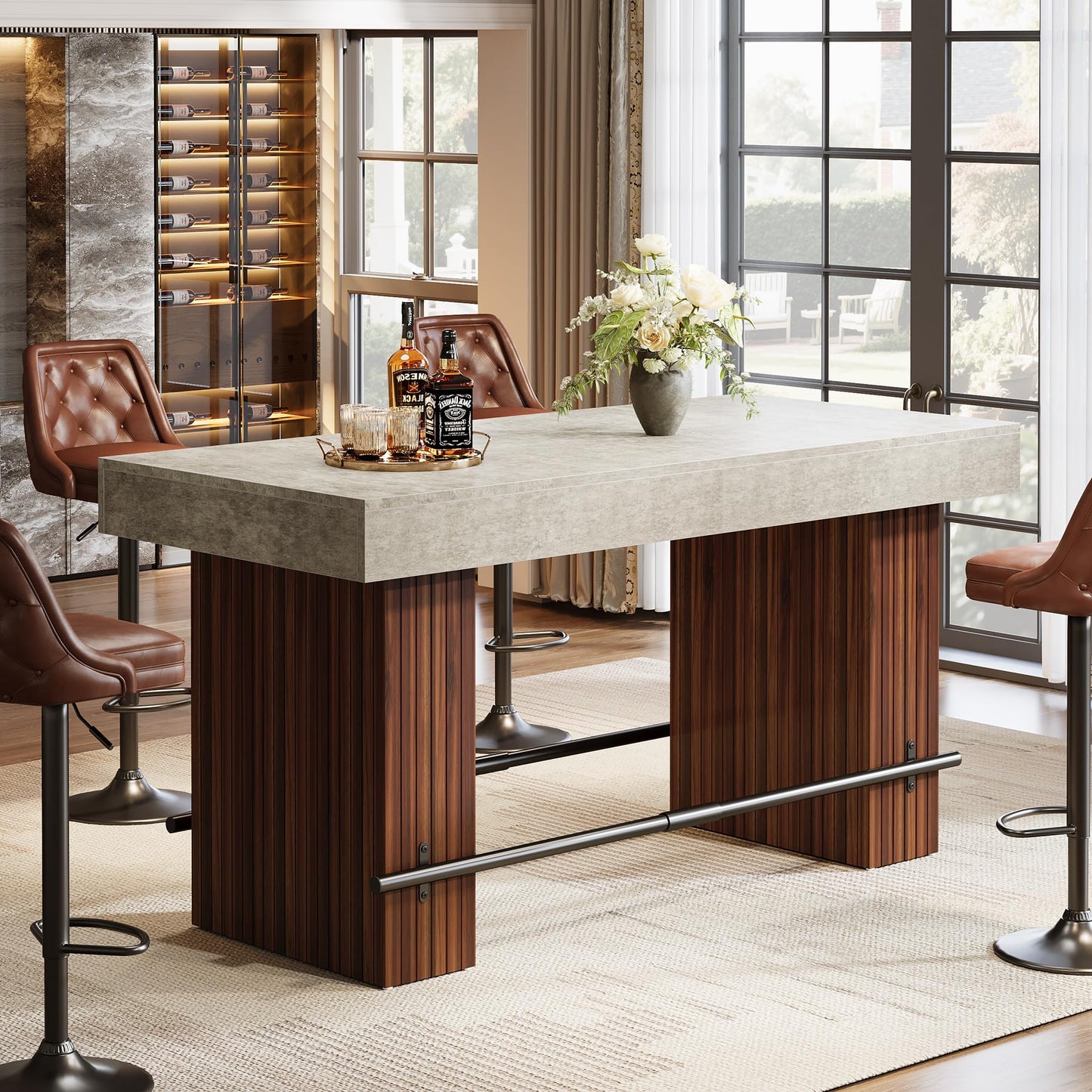 Tribesigns 62.2 Inch Bar Table, Industrial Counter Height Pub Dining Table, Rectangular Home Bar Units with Metal Footrest for Home Kitchen, Dining Room, Bistro, Brown and Dark Grey