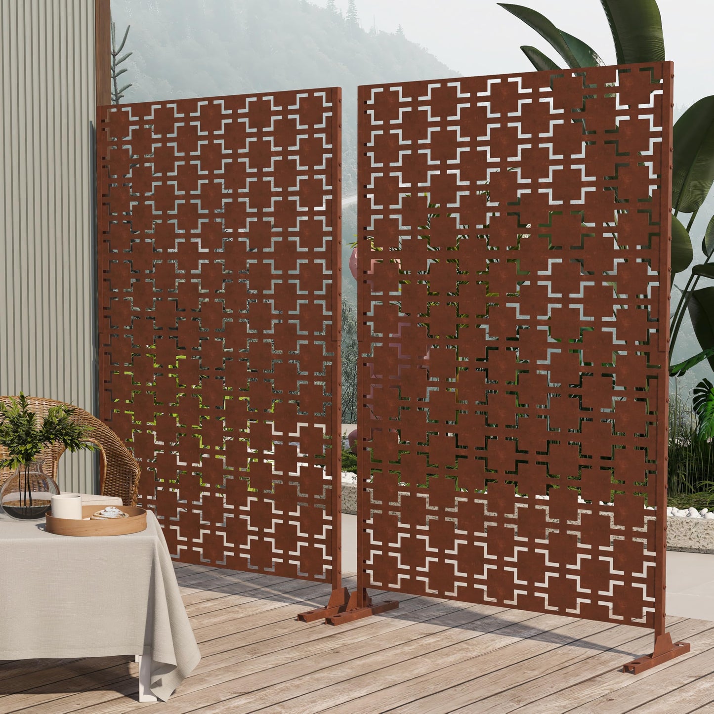 Outdoor Metal Privacy Screen with Stand, 72" H x 47" W Freestanding Outdoor Patio Divider, Decorative Patio Privacy Fence Panel for Garden Backyard Balcony Porch (Brown-Crossbanding)