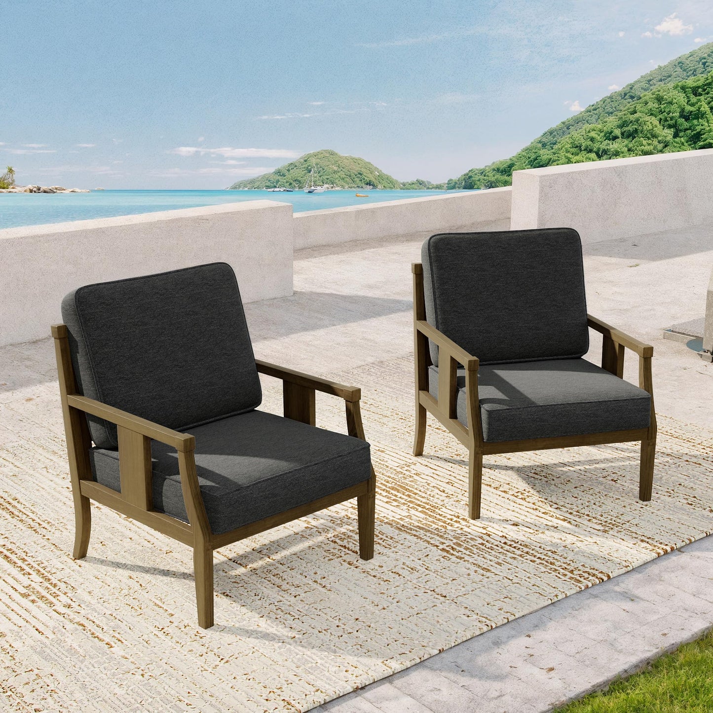 Outdoor Patio Armchairs Set of 2, All-Weather Solid Wood Patio Furniture Sets, Outdoor Sofa Chairs with Washable Thick Cushions for Porch, Balcony, Deck, Black Frame & Gray Cushion