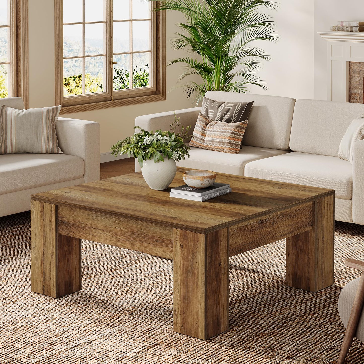 Tribesigns Square Coffee Table, 39-Inch Farmhouse Wooden Coffee Table with Sturdy Legs, Rustic Accent Center Table for Living Room, Easy Assembly, Light Brown
