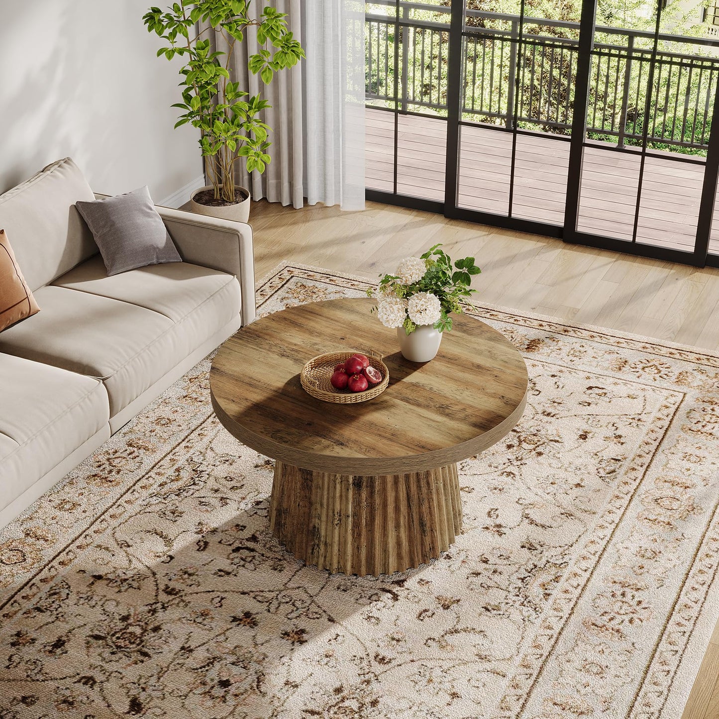 Tribesigns Coffee Table, 31.5" Small Farmhouse Round Coffee Tables with Fluted Drum Base, Mid Century Modern Boho Accent Center Table for Living Room, Apartment, Small Space, Brown