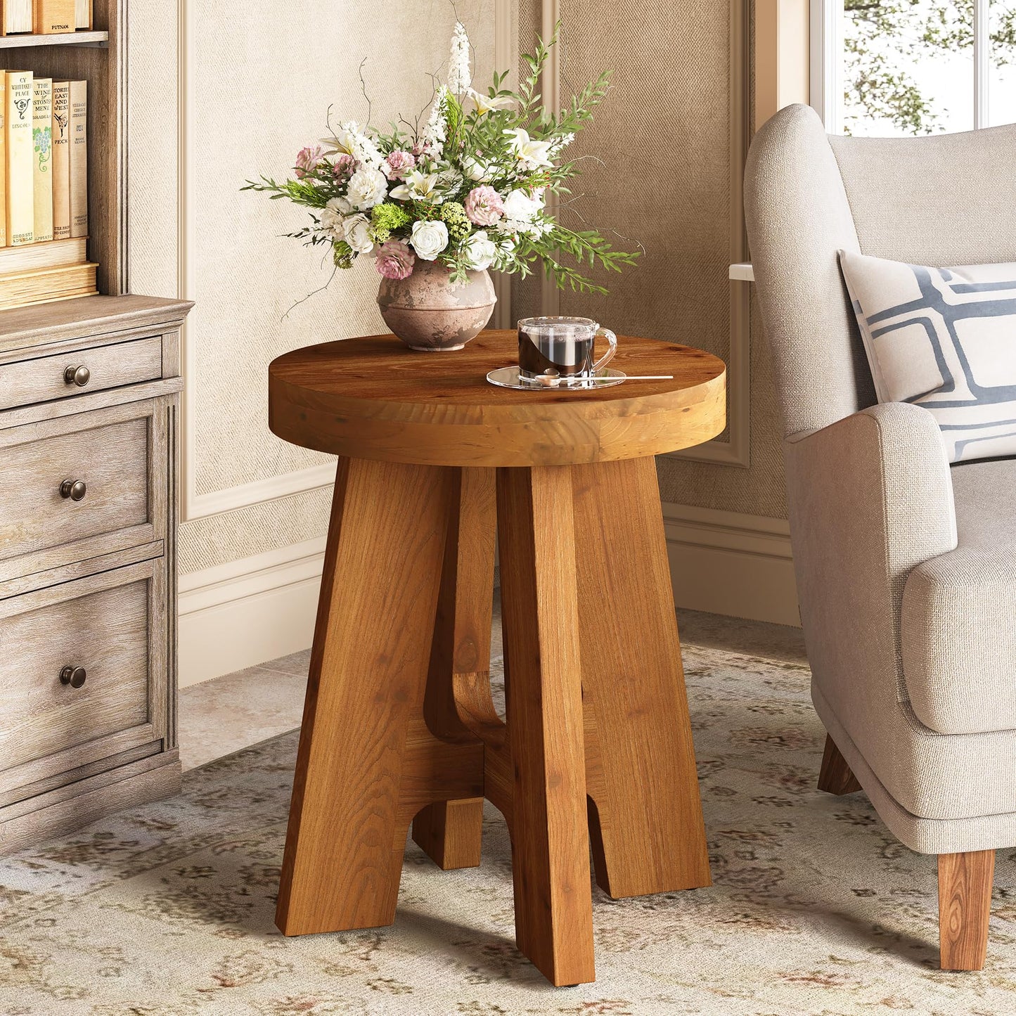 Set of 2 Round End Table, Farmhouse Solid Wood Side Table for Couch, Mid Century Modern Side Table with Heavy-Duty Leg, Wood Bedside Table for Bedroom, Small Spaces, Walnut