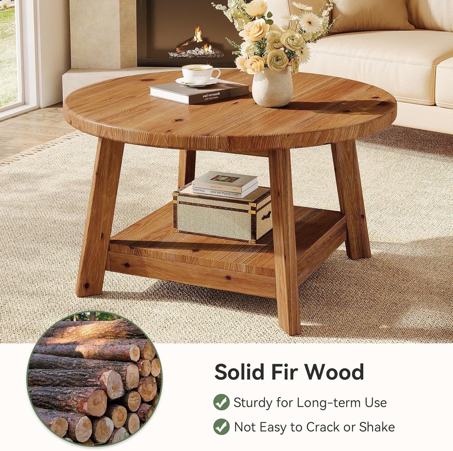 Solid Wood Round Coffee Table for Living Room, 31.5” Farmhouse Wooden 2-Tier Circle Center Cocktail Accent Table with Storage Shelf and Tapered Legs for Apartment, Small Space, Brown