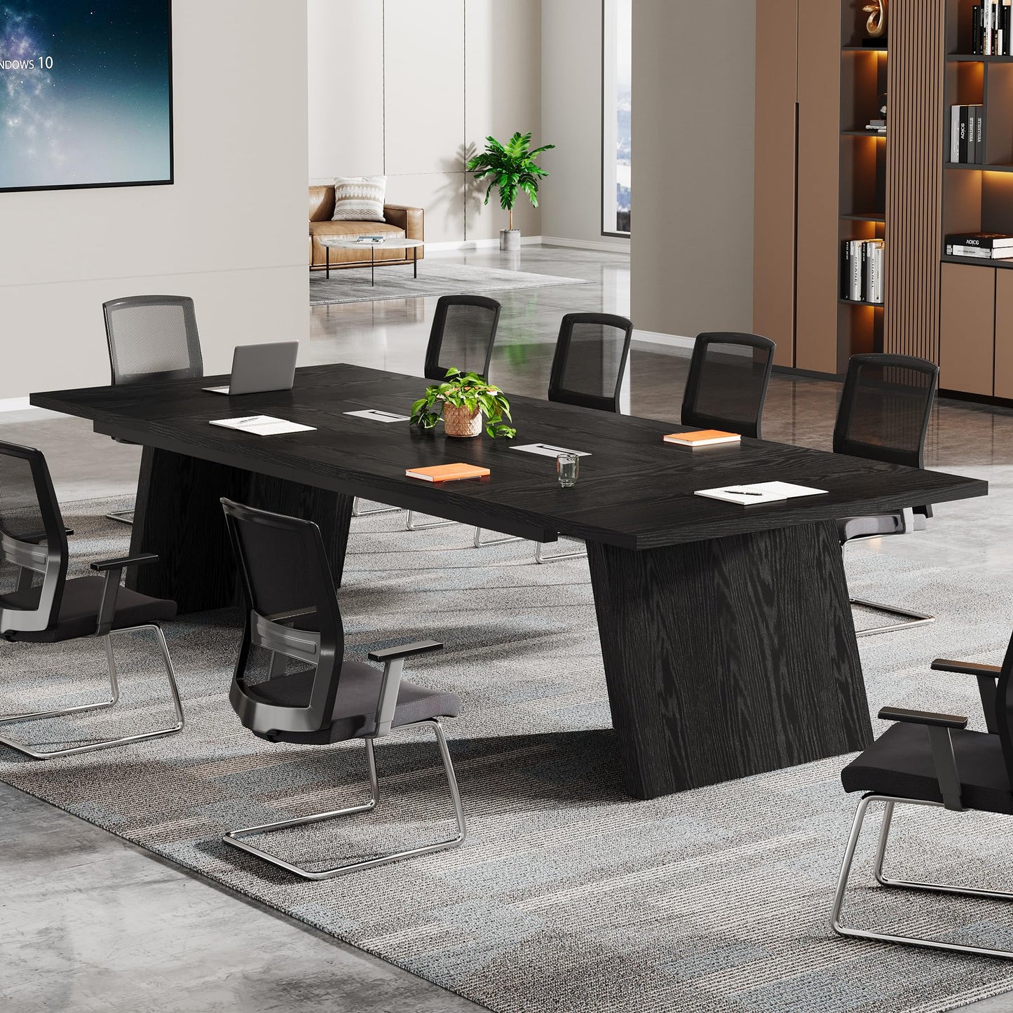 Tribesigns 8ft Conference Table, Modern Office Meeting Room Desk with Cable Management, Large Business Furniture for Boardroom, Conference Room (1, Walnut + Black)