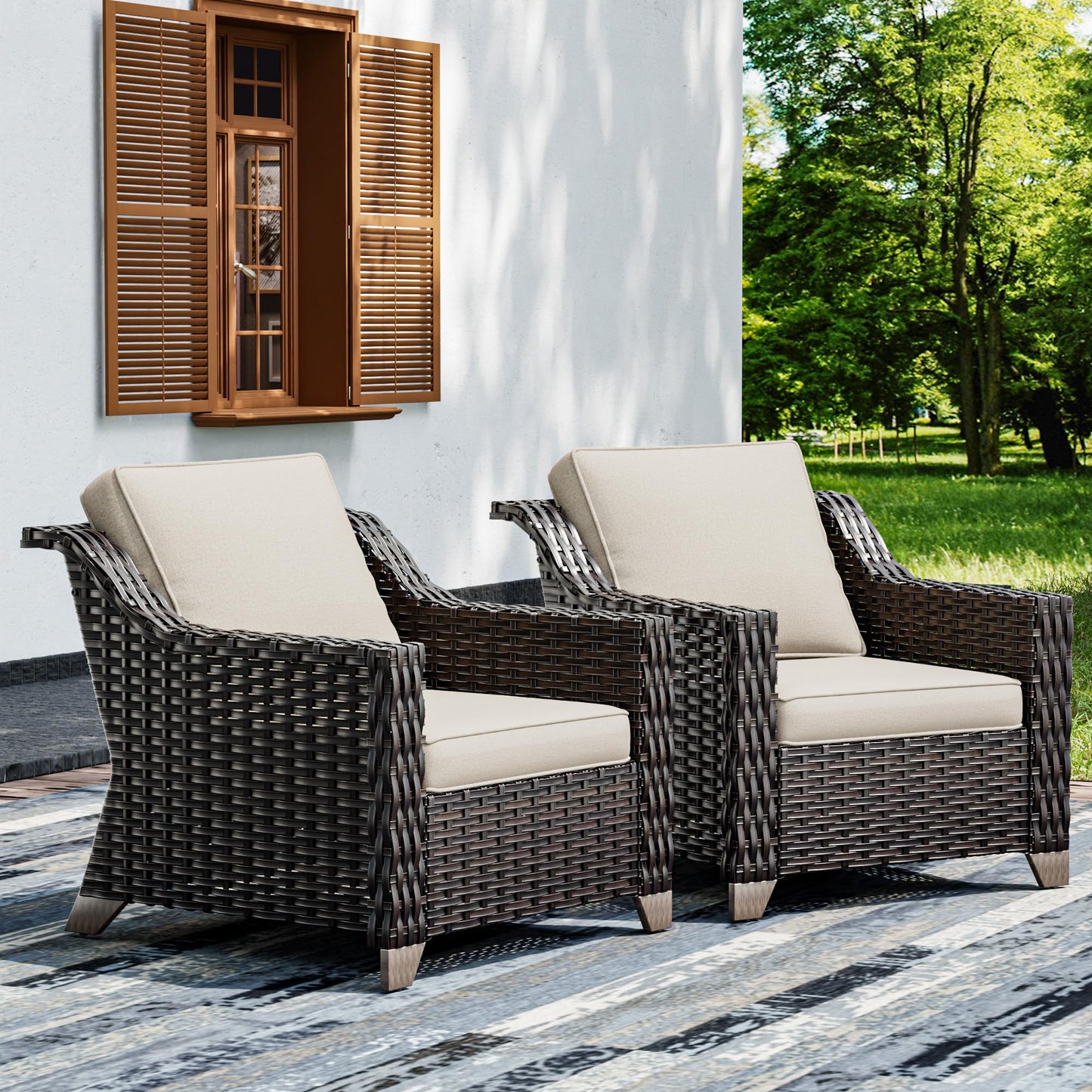 Joyside Patio Sofa - 3 Seater Rattan Sofa, All Weather High Back Sofa, Upgraded Large Size with 4inch Seat Cushions for Backyard, Garden, Poolside (Brown/Blue)