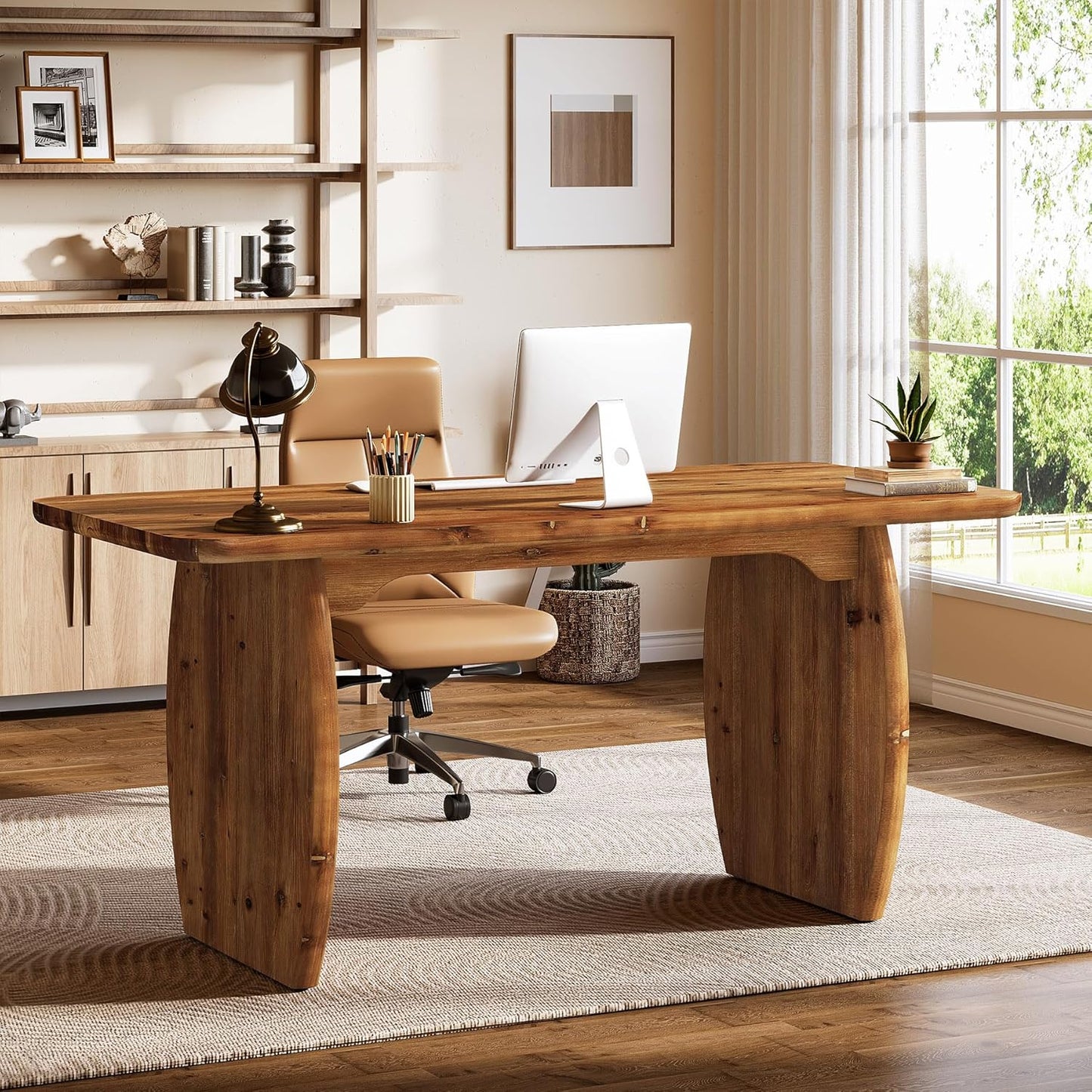 63-Inch Solid Wood Executive Desk, Large Office Computer Desk with Sturdy Wooden Legs, Farmhouse Writing Table Business Workstation for Home Office, Brown