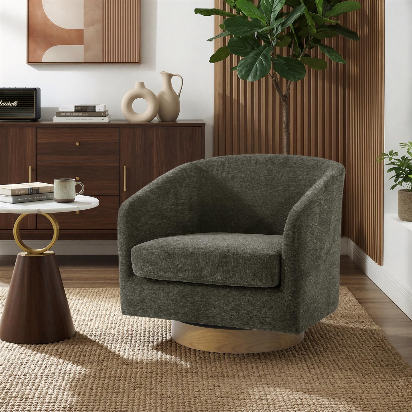 Swivel Barrel Chairs Set of 2, 31" W Modern Faux Leather Round Swivel Accent Chair for Living Room, 360° Rotation Upholstered Armchair Club Chair for Bedroom, Reading Room, Office (Brown)