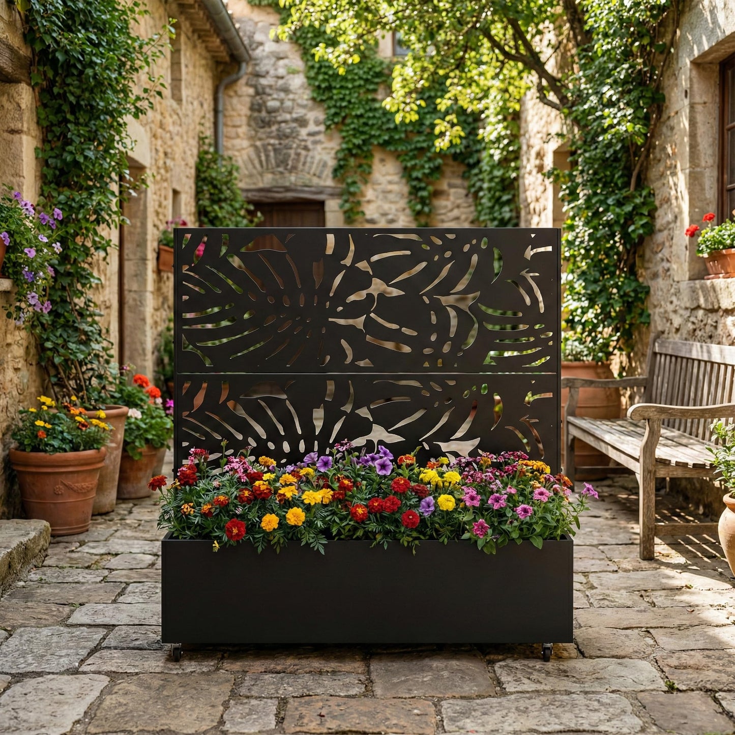 Metal Raised Garden Bed with Trellis and Wheels, 71"x47"x16" Planter Box with Privacy Screen & Drainage Holes, Arched Outdoor Garden Bed for Climbing Plants, Vegetables, Flowers (Black-Square)
