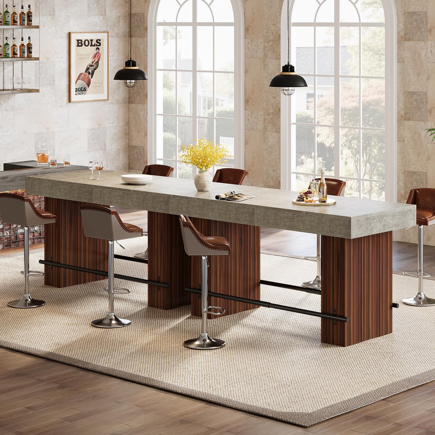 Tribesigns 62.2 Inch Bar Table, Industrial Counter Height Pub Dining Table, Rectangular Home Bar Units with Metal Footrest for Home Kitchen, Dining Room, Bistro, Brown and Dark Grey