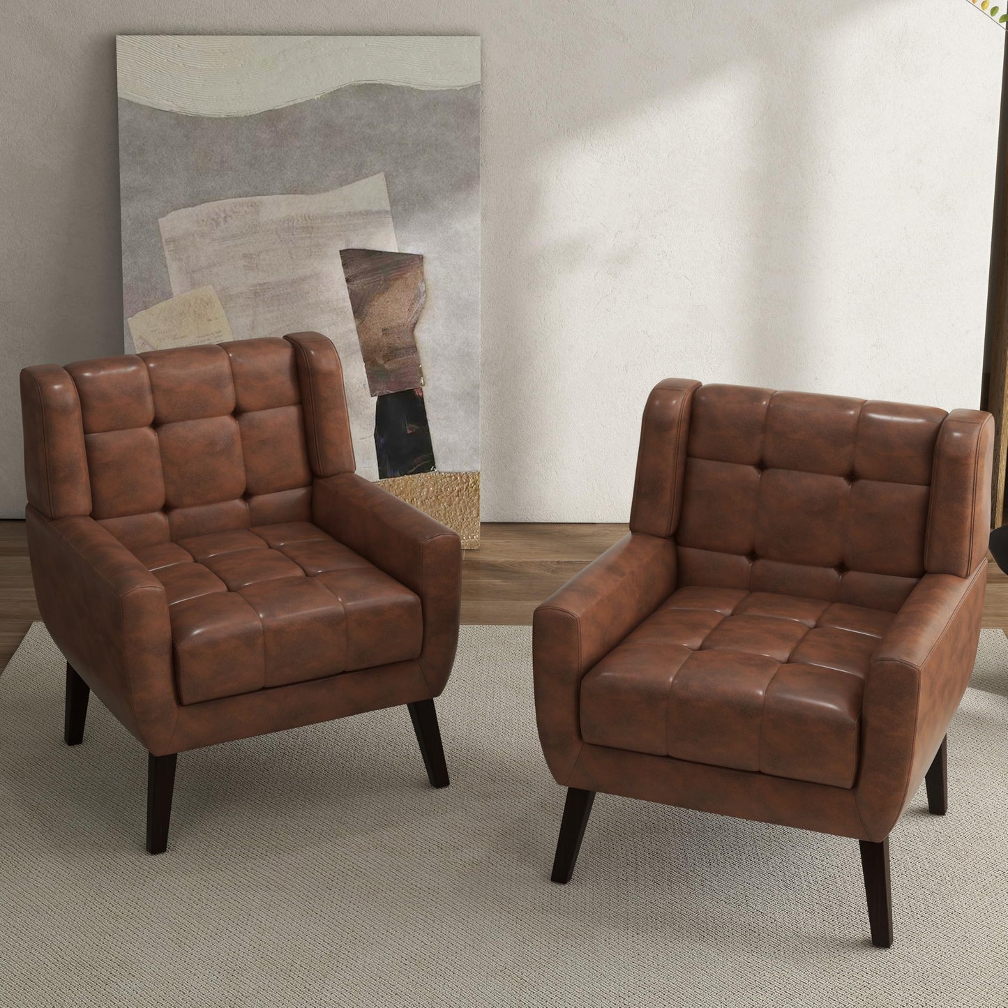 Faux Leather Accent Chairs Set of 2, Mid-Century Modern Upholstered Armchair, Comfy Living Room Chairs Reading Chairs with Button Tufted Back & Solid Wood Legs for Bedroom, Office, Black