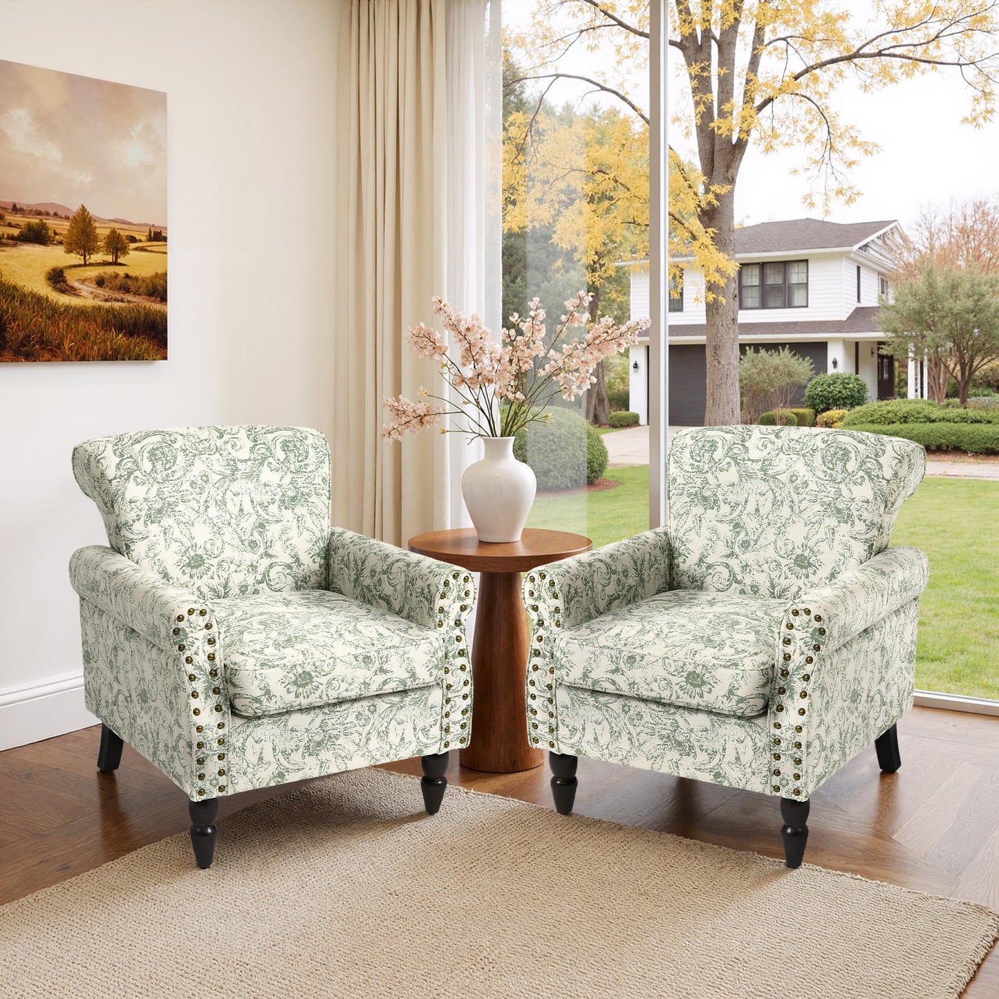 Wingback Accent Chairs Set of 2, Mid-Century Modern Upholstered Armchair Living Room Chair with Nailhead Trim & Rolled Armrest, Comfy Lounge Chair Single Sofa Chair for Bedroom, Light Blue
