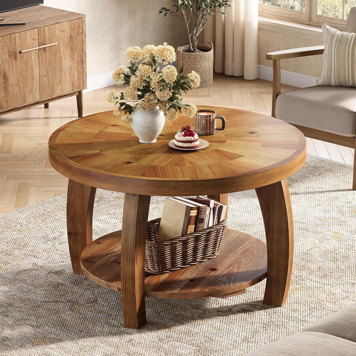 Solid Wood Round Coffee Table, 2-Tier Center Table with Storage, 31.5 Inch Wood Tabletop with Mosaic Pattern, Easy Assembly, for Living Room, Brown