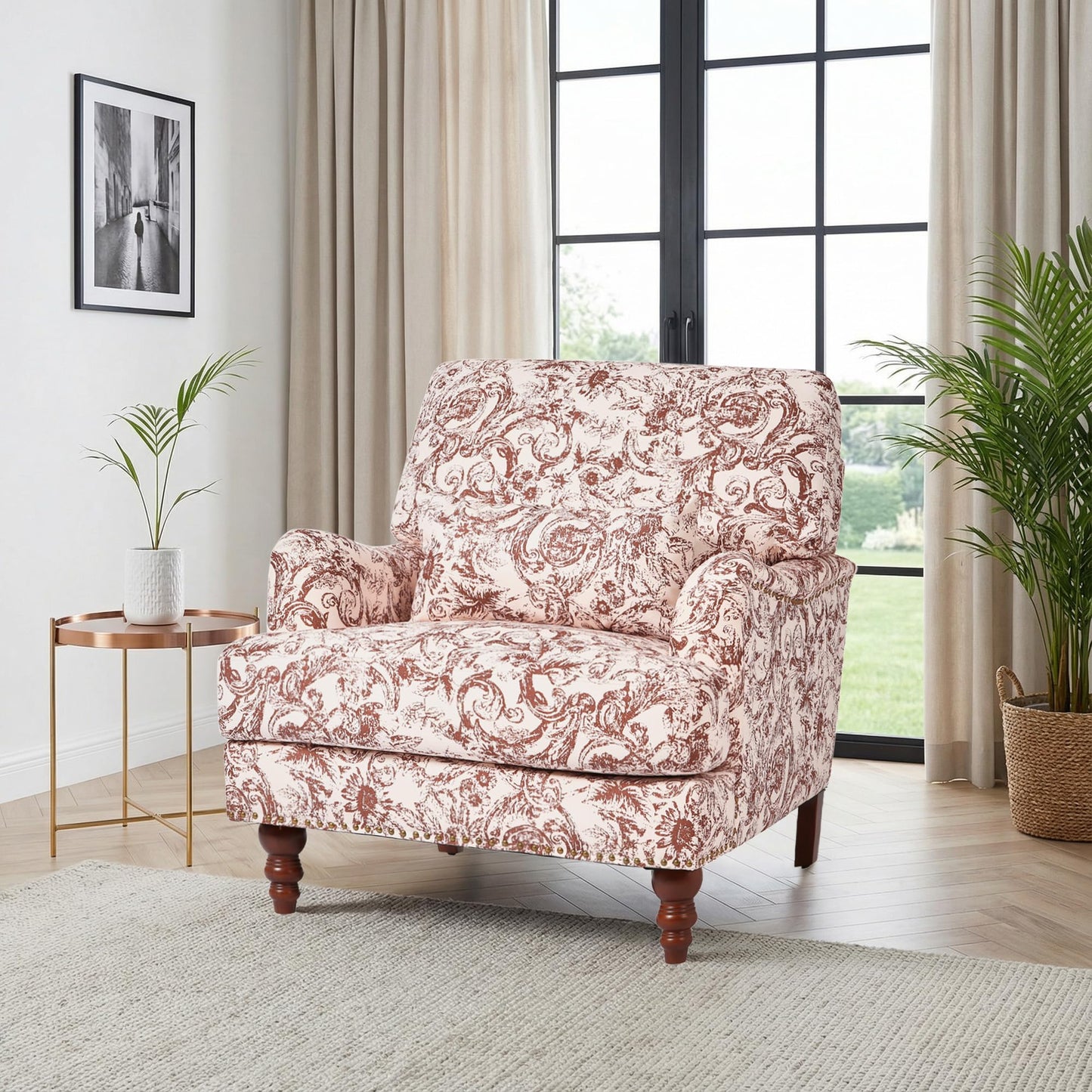 Accent Chair for Living Room, Upholstered Armchair with Nailhead Trim & Solid Wood Legs, Mid Century Modern Club Chair for Bedroom/Reading Room, Rococo Green