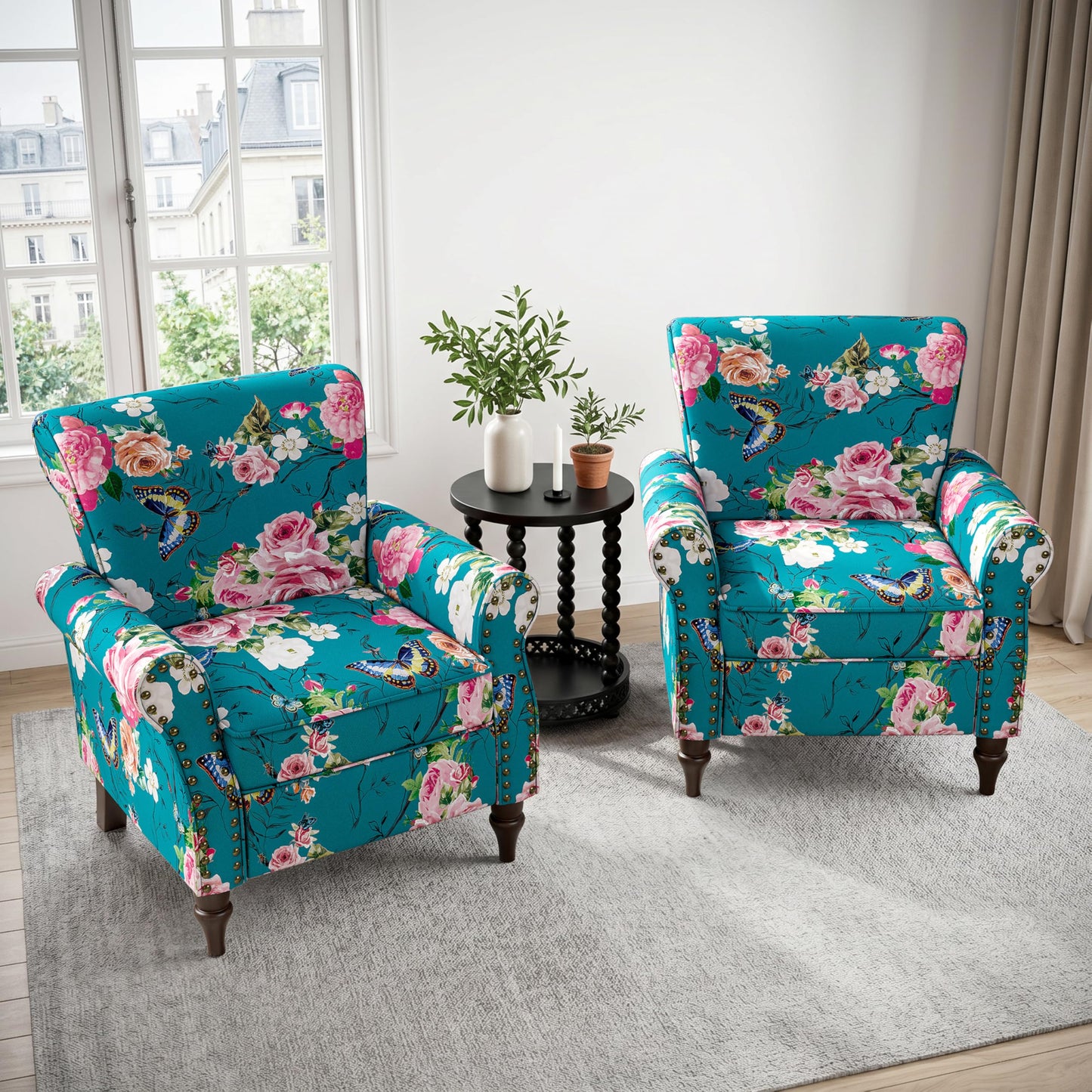 Wingback Accent Chairs Set of 2, Mid-Century Modern Upholstered Armchair Living Room Chair with Nailhead Trim & Rolled Armrest, Comfy Lounge Chair Single Sofa Chair for Bedroom, Light Blue