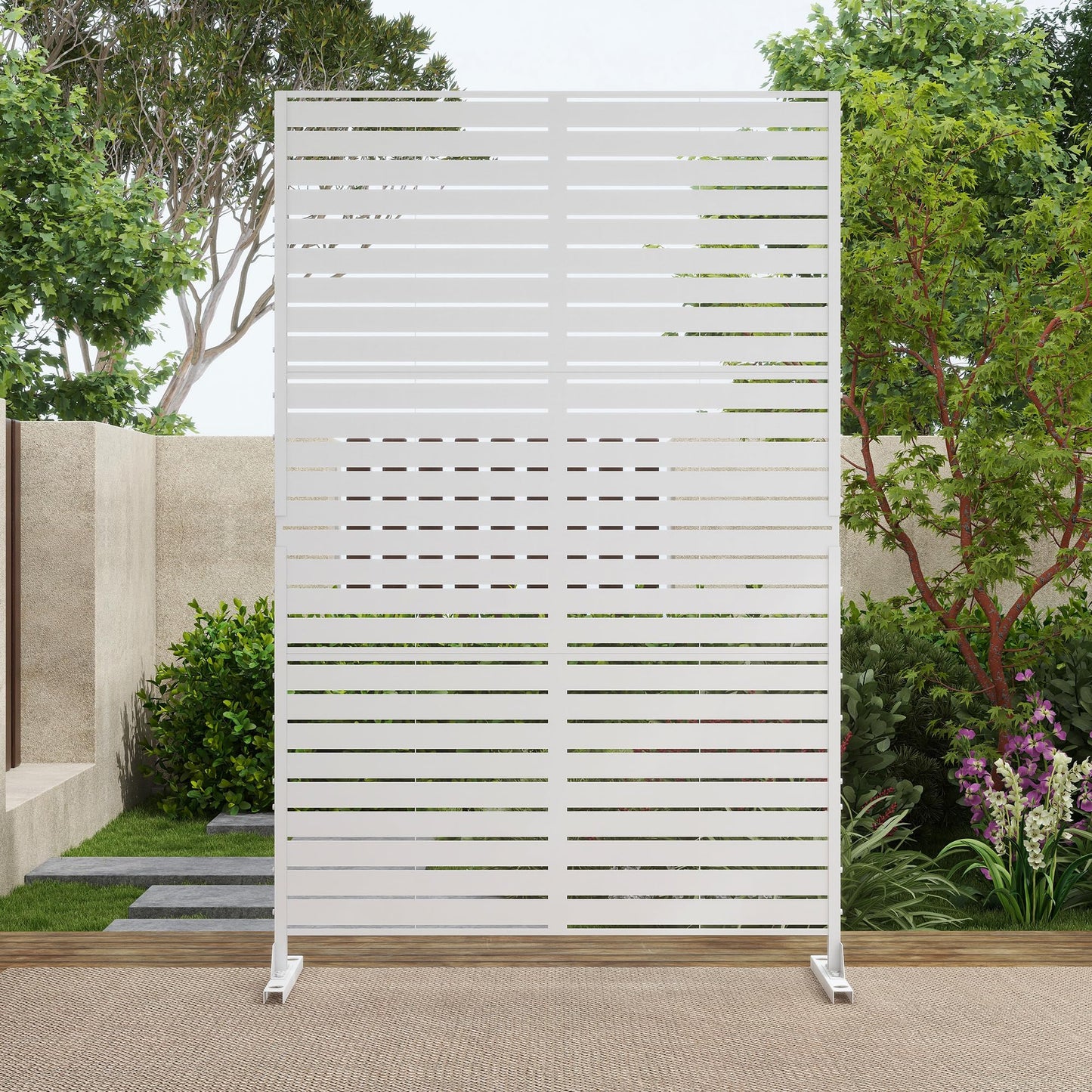 Outdoor Metal Privacy Screen with Stand, 72" H x 47" W Freestanding Outdoor Patio Divider, Decorative Patio Privacy Fence Panel for Garden Backyard Balcony Porch (Brown-Crossbanding)
