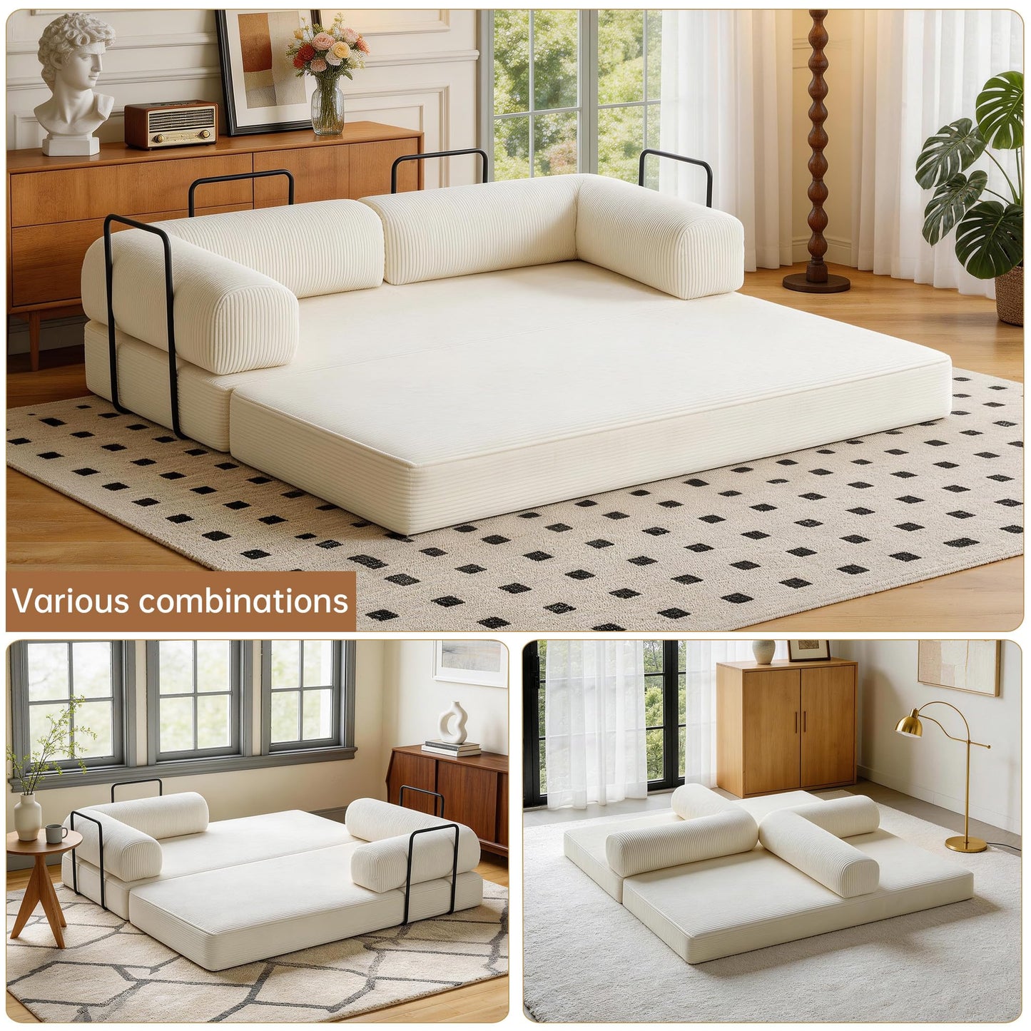 79'' Convertible Sleeper Sofa Bed, 4-in-1 Corduroy Folding Floor Couch, No Assembly Modular Boneless Loveseat with Pull Out Bed, Comfy Foldable Sofa Bed for Living Room Bedroom Guest Room, Gray