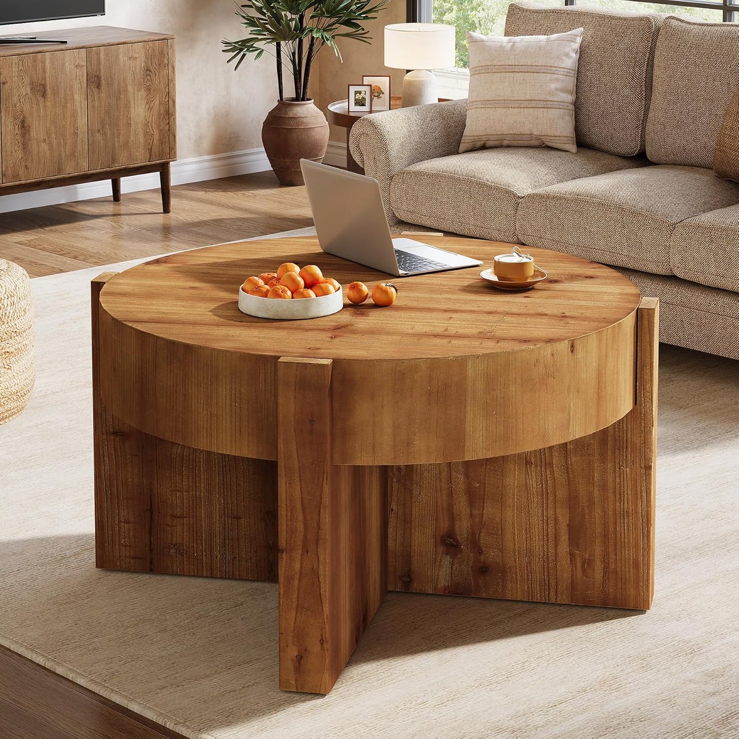 Solid Wood Round Coffee Table, 32 Inch Round Coffee Table for Living Room, Large Farmhouse Center Table with Thick Tabletop for Home, Easy Assembly, Rustic Brown