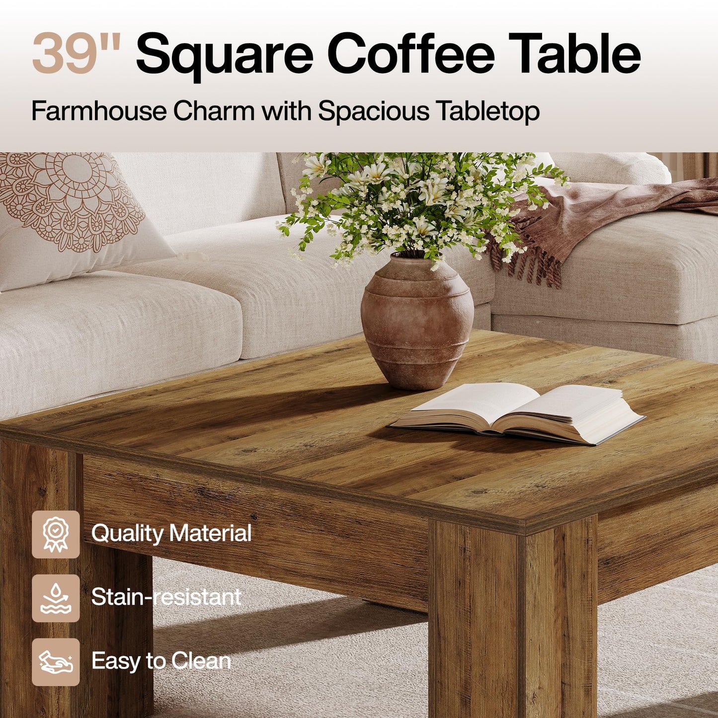 Tribesigns Square Coffee Table, 39-Inch Farmhouse Wooden Coffee Table with Sturdy Legs, Rustic Accent Center Table for Living Room, Easy Assembly, Light Brown
