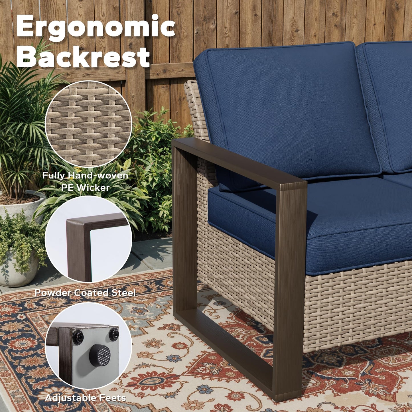Joyside Outdoor Patio Wicker Sofa, 3-Seater Rattan Sofa with Thick Olefin Cushions and Metal Steel Rectangular Framed Armrest -Looking Metal Armrest Suitable for Garden, Backyard, Porch, Deck