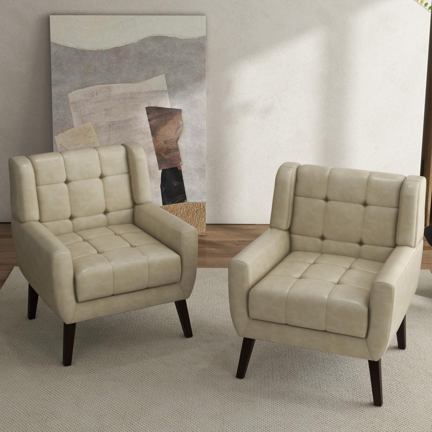 Faux Leather Accent Chairs Set of 2, Mid-Century Modern Upholstered Armchair, Comfy Living Room Chairs Reading Chairs with Button Tufted Back & Solid Wood Legs for Bedroom, Office, Black