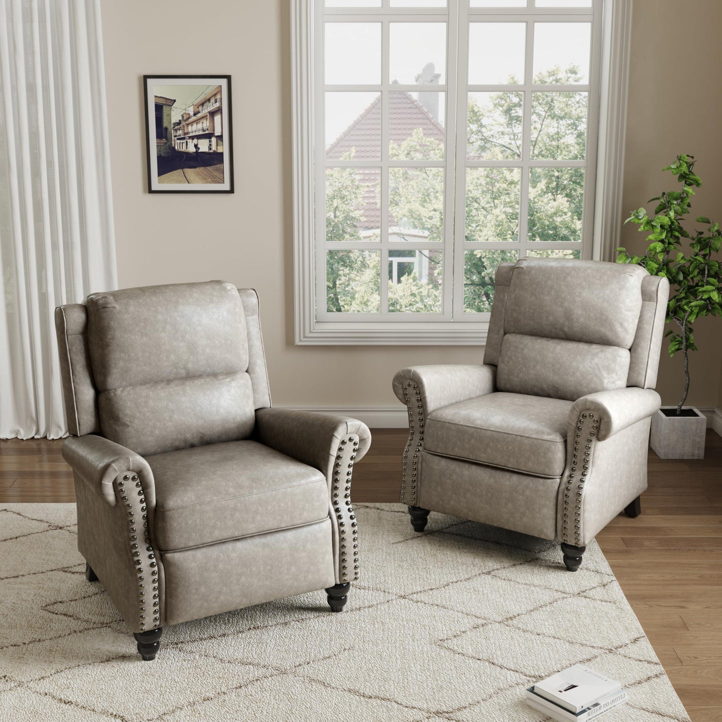 Pushback Recliner Chairs Set of 2, Comfy Fabric Wingback Recliner Chair, Upholstered Armchair Push Back Recliner with Wood Legs, Rivet Trim Accent Chair for Living Room, Bedroom, Blue Stripe