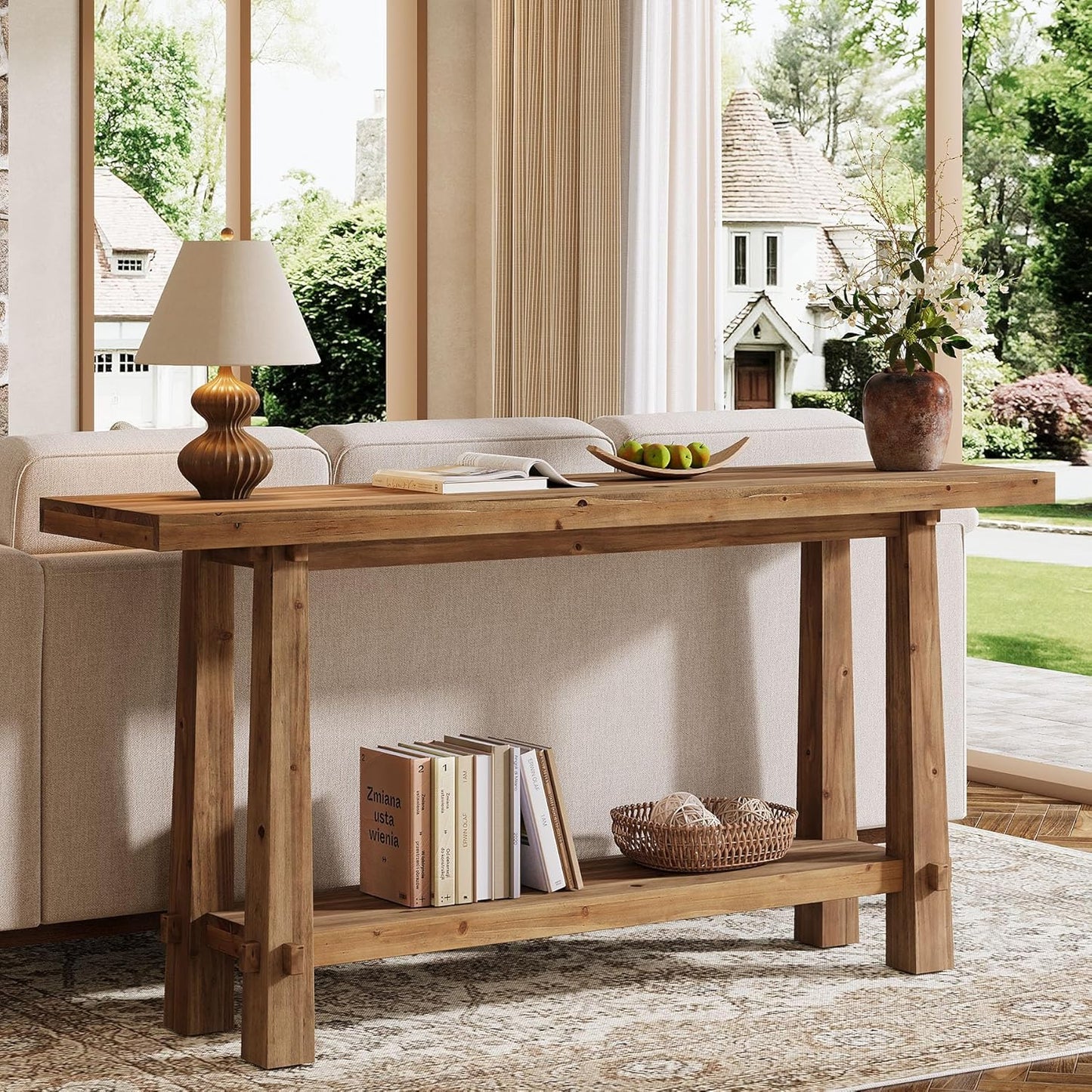 63" Solid Console Table, Farmhouse 2-Tier Wood Entryway Sofa Table for Living Room, Hallway, Easy Assembly, Natural Rustic Brown