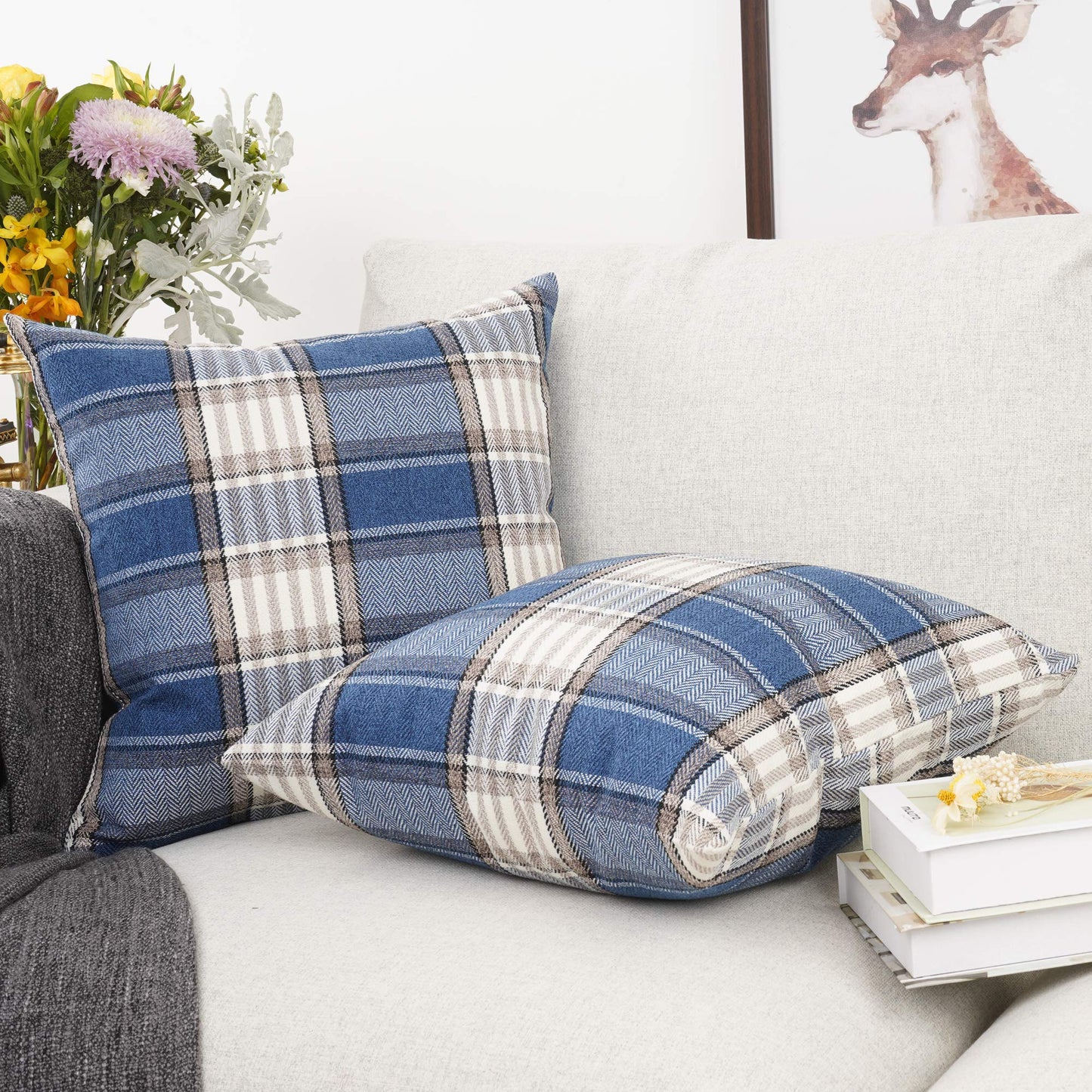 YOUR SMILE Retro Farmhouse Outdoor Buffalo Tartan Chequer Plaid Cotton Linen Decorative Throw Pillow Case Cushion Cover Pillowcase for Sofa 18 x 18 Inch, Set of 2, Khaki/Stripe