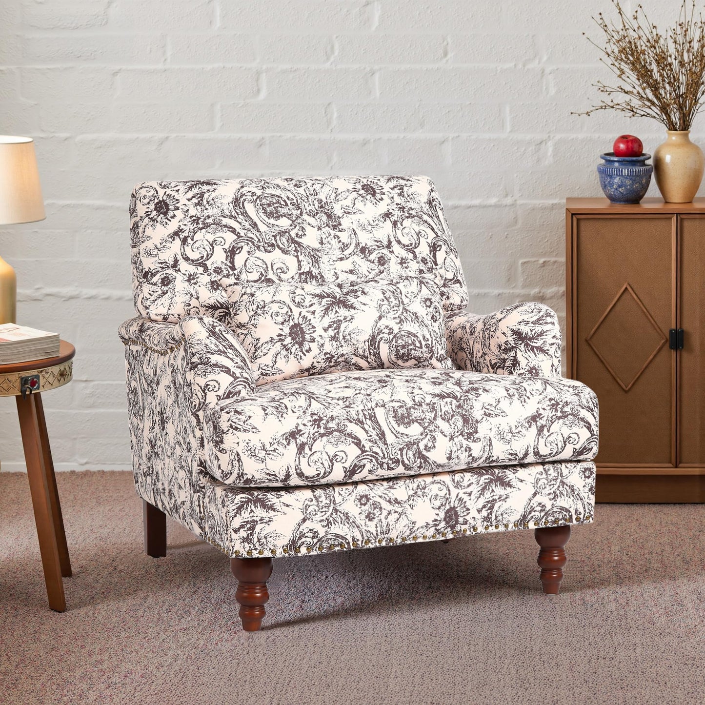 Accent Chair for Living Room, Upholstered Armchair with Nailhead Trim & Solid Wood Legs, Mid Century Modern Club Chair for Bedroom/Reading Room, Rococo Green