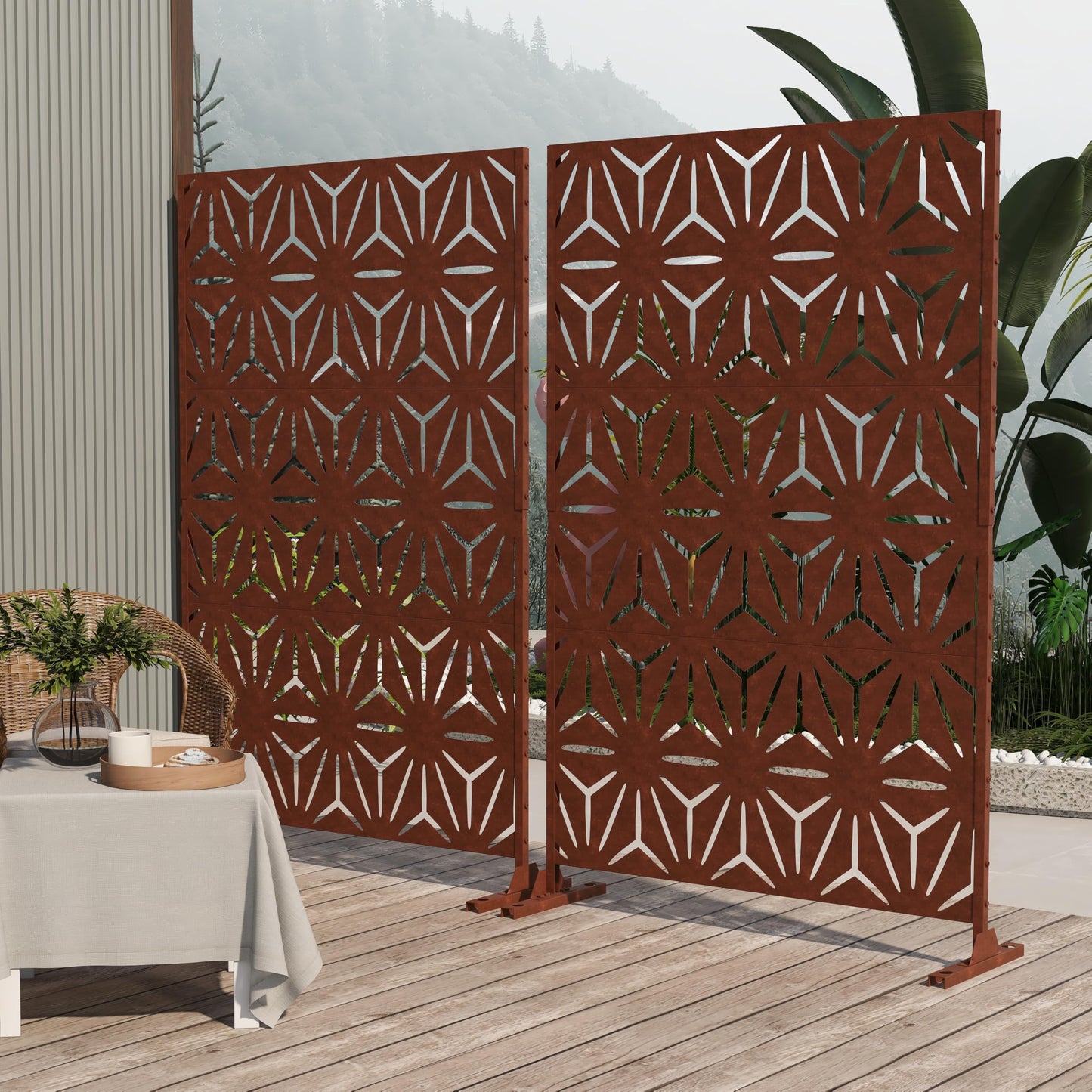 Outdoor Metal Privacy Screen with Stand, 72" H x 47" W Freestanding Outdoor Patio Divider, Decorative Patio Privacy Fence Panel for Garden Backyard Balcony Porch (Brown-Crossbanding)