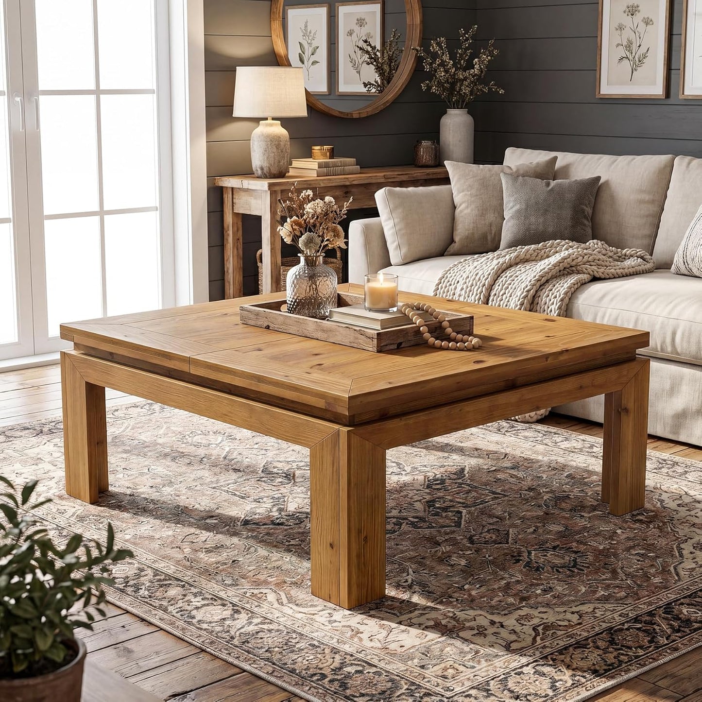 Solid Wood Square Coffee Table, 39.4" x 39.4" Farmhouse Cocktail Center Table with Recessed Edge Design, Easy Assembly, Living Room, Natural Brown