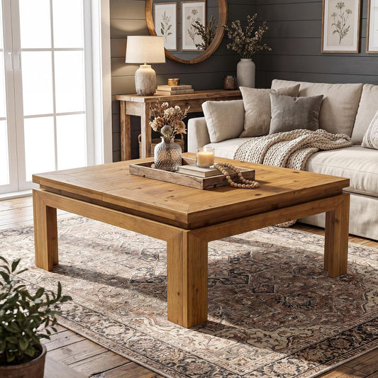 Solid Wood Square Coffee Table, 39.4" x 39.4" Farmhouse Cocktail Center Table with Recessed Edge Design, Easy Assembly, Living Room, Natural Brown