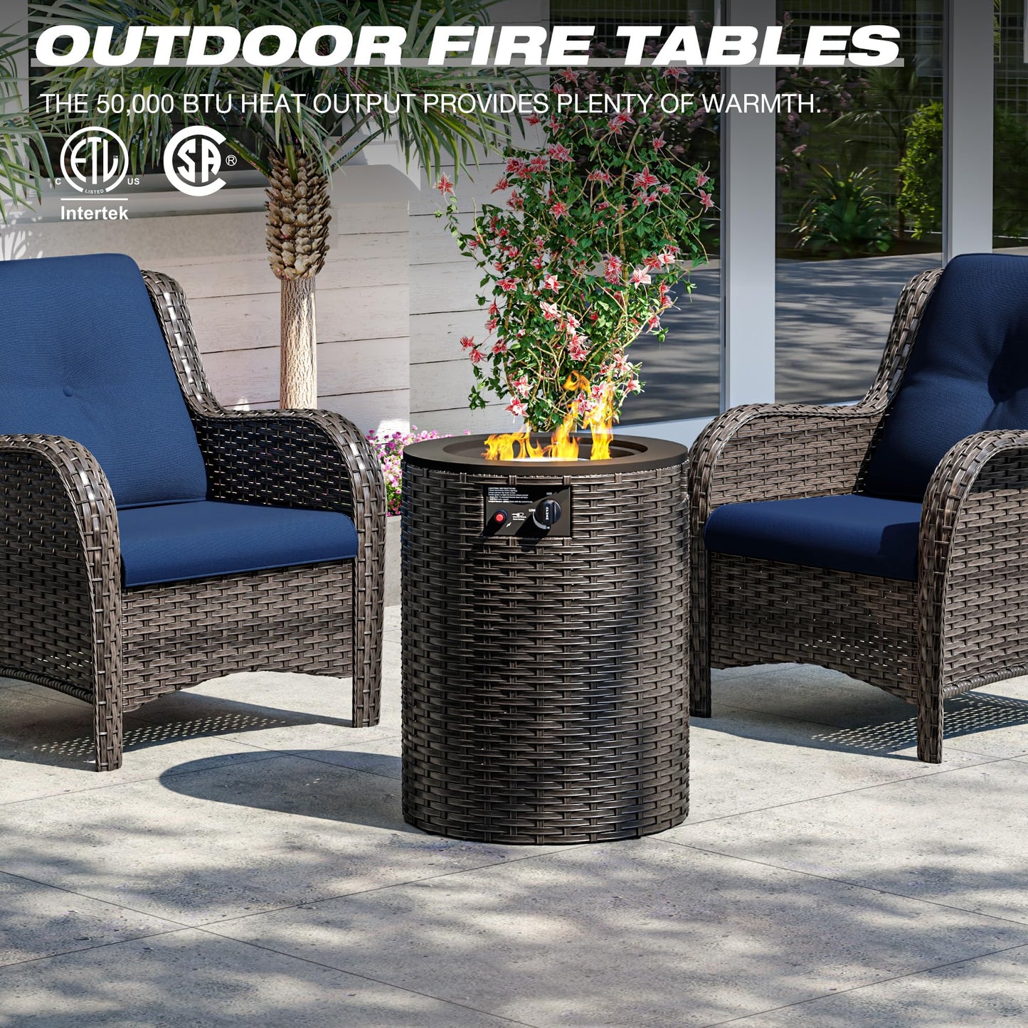 Joyside Patio Furniture Set with Fire Pit Table, 3 Piece Outdoor Wicker Conversation Sets with High Back, Thickened Cushions, Rattan Sectional for Porch, Lawn Use (Red)