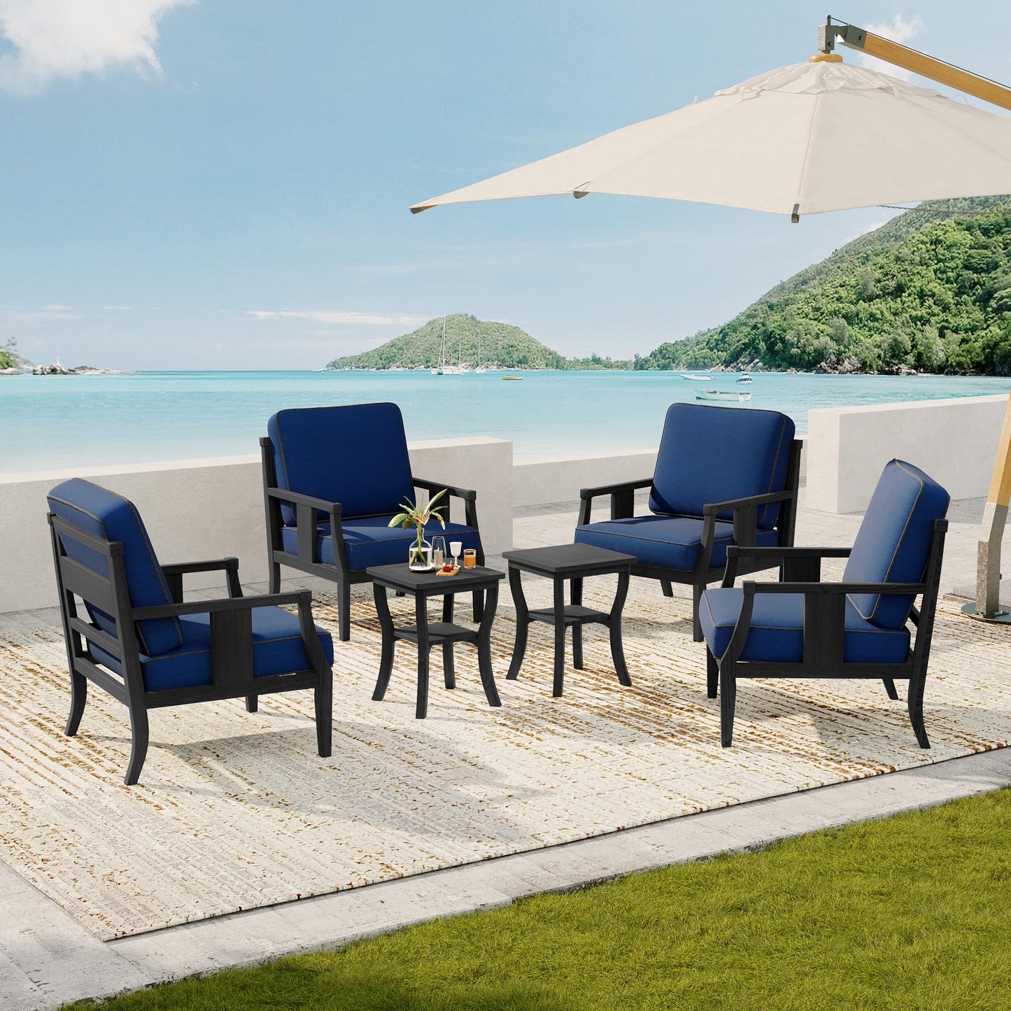 Outdoor Patio Armchairs Set of 2, All-Weather Solid Wood Patio Furniture Sets, Outdoor Sofa Chairs with Washable Thick Cushions for Porch, Balcony, Deck, Black Frame & Gray Cushion