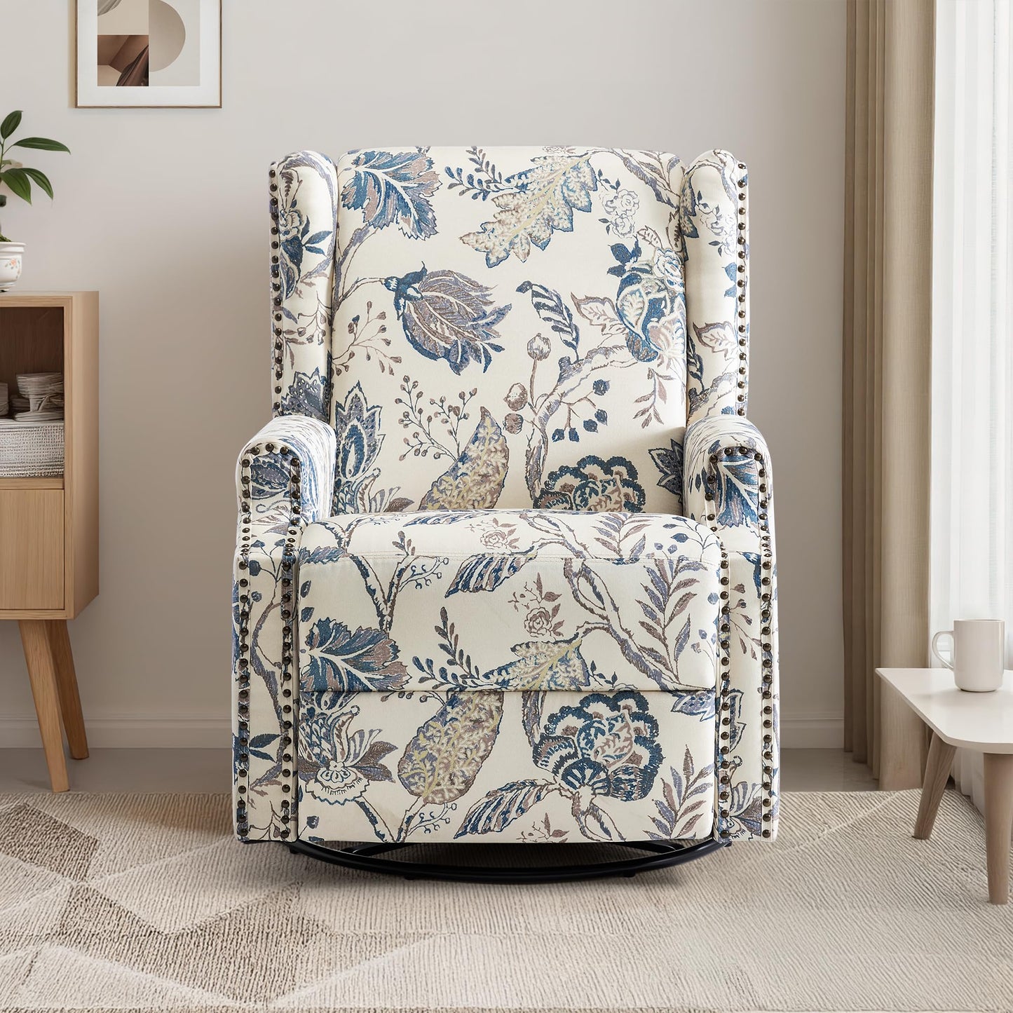 Swivel Rocker Recliner Chair, 360° Swivel Wingback Recliner Chairs for Adults, Upholstered Printed Fabric Glider Rocking Chair with High Back, Deep Seat for Living Romm Bedroom, Bird