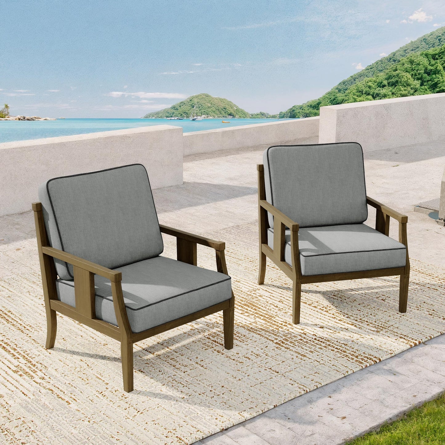 Outdoor Patio Armchairs Set of 2, All-Weather Solid Wood Patio Furniture Sets, Outdoor Sofa Chairs with Washable Thick Cushions for Porch, Balcony, Deck, Black Frame & Gray Cushion
