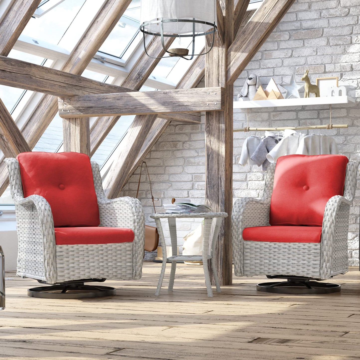 Joyside Outdoor Swivel Rocker Patio Chairs Set of 2 and Matching Side Table - 3 Piece Wicker Patio Bistro Set with Premium & Soft Fabric Cushions(Light Grey/Red)