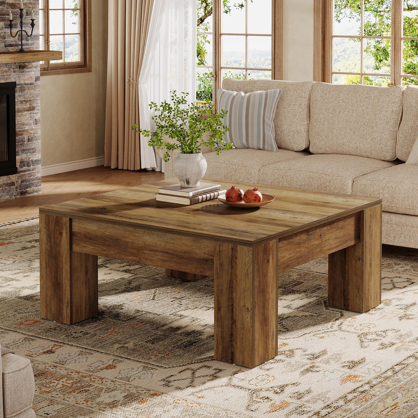 Tribesigns Square Coffee Table, 39-Inch Farmhouse Wooden Coffee Table with Sturdy Legs, Rustic Accent Center Table for Living Room, Easy Assembly, Light Brown