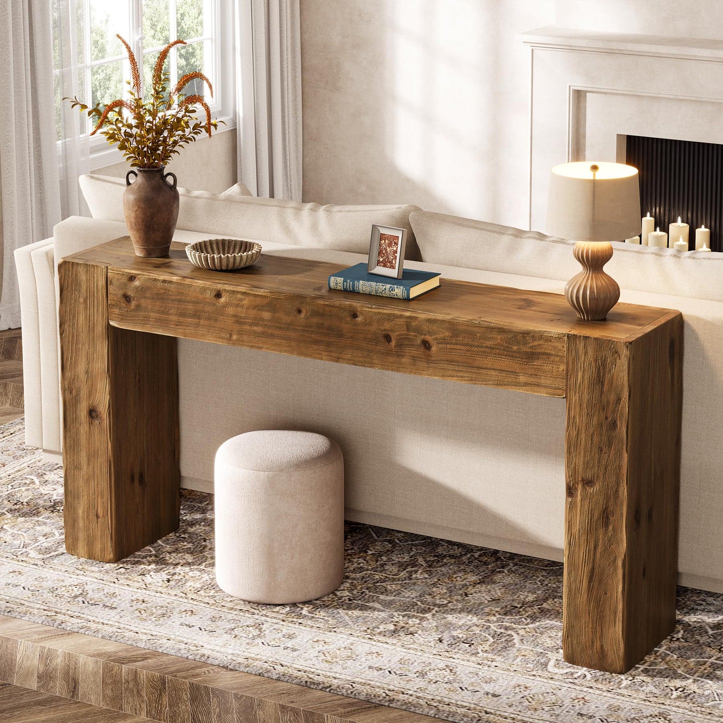 Solid Wood Console Table, 63-Inch Farmhouse Sofa Table Behind Couch for Entryway, Living Room, Foyer, Easy Assembly (Light Wood)