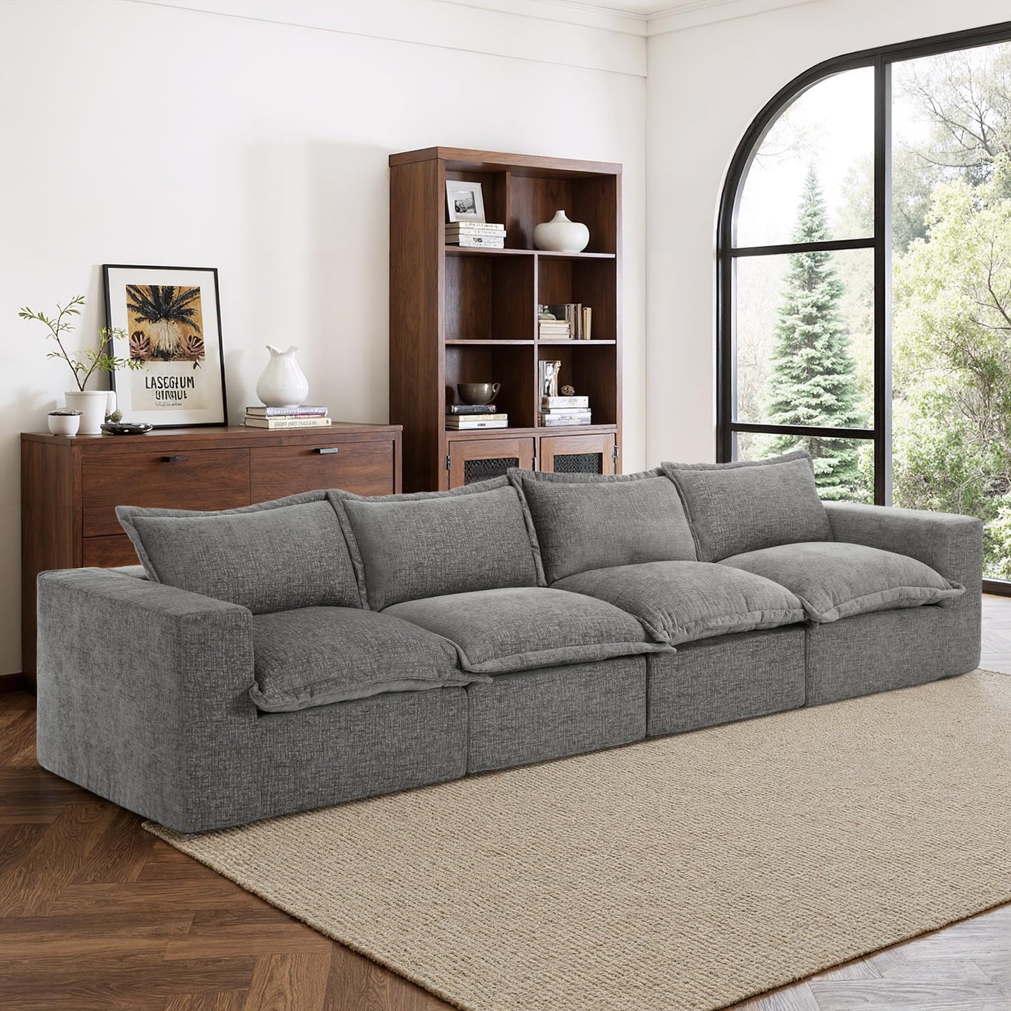 116" Modular Sectional Sofa, Comfy L Shaped Modular Coush Sofa with Ottoman, 3-Seat Chenille Cloud Couches Deep Seat Sofa for Living Room, Apartment, Small Spaces, Beige