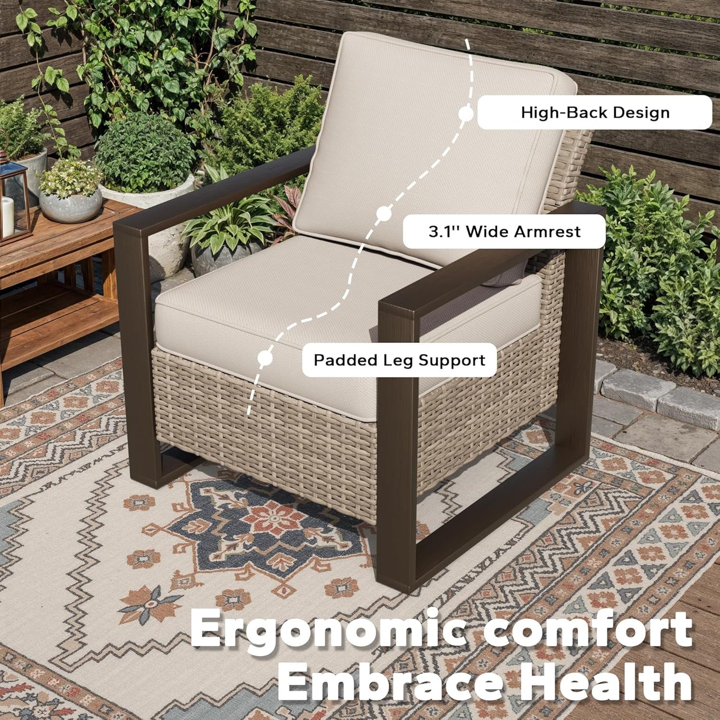 Joyside Outdoor Patio Chairs, 3 Pieces Wicker Rattan Furniture Set, 2 Patio Chairs and 1 Table, Metal Wide Armrest, Thick Cushions and Deep Seating for Garden, Backyard, Porch, Deck