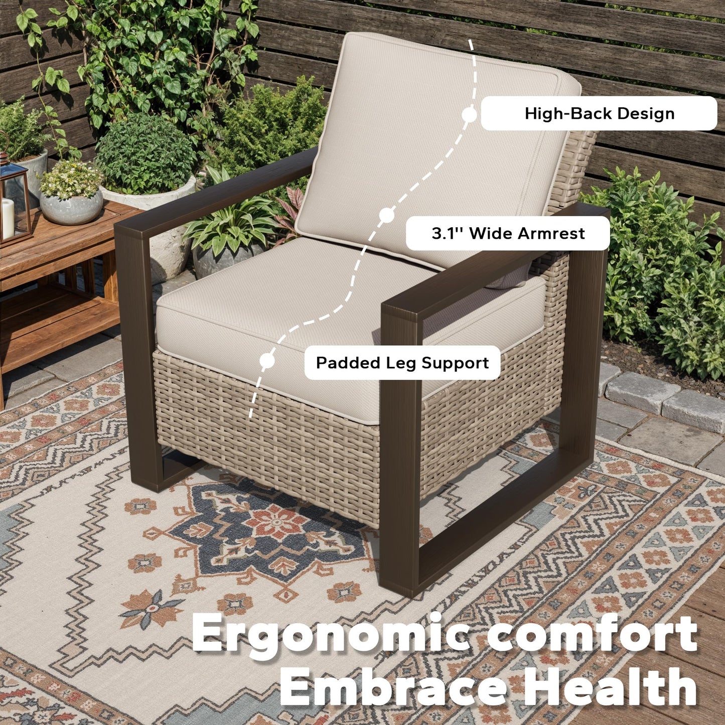 Joyside Outdoor Patio Swivel Rocker Chairs, 3 Pieces Wicker Furniture Set, 2 Swivel Rocking Chairs and 1 Table, Metal Wide Armrest, Thick Cushions and Deep Seating for Garden, Backyard, Porch, Deck