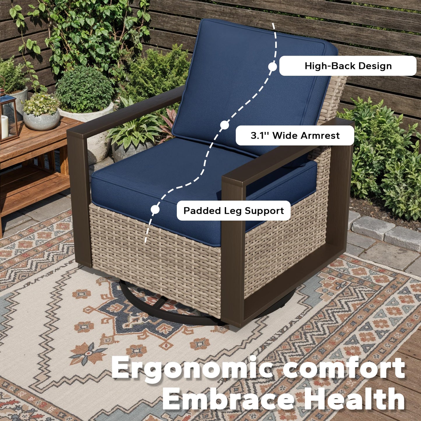 Joyside Outdoor Patio Swivel Rocker Chairs, 3 Pieces Wicker Furniture Set, 2 Swivel Rocking Chairs and 1 Table, Metal Wide Armrest, Thick Cushions and Deep Seating for Garden, Backyard, Porch, Deck