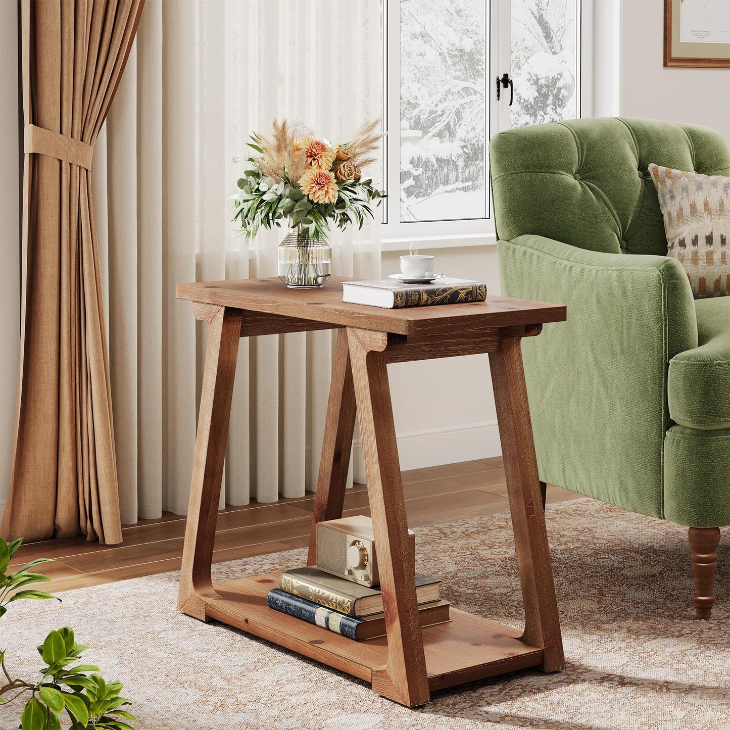 2-Tier Solid Wood End Table, Narrow Side Table, Farmhouse Rectangle Nightstand for Living Room, Bedroom, Easy Assembly, Trapezoidal Base (2, Natural Brown)
