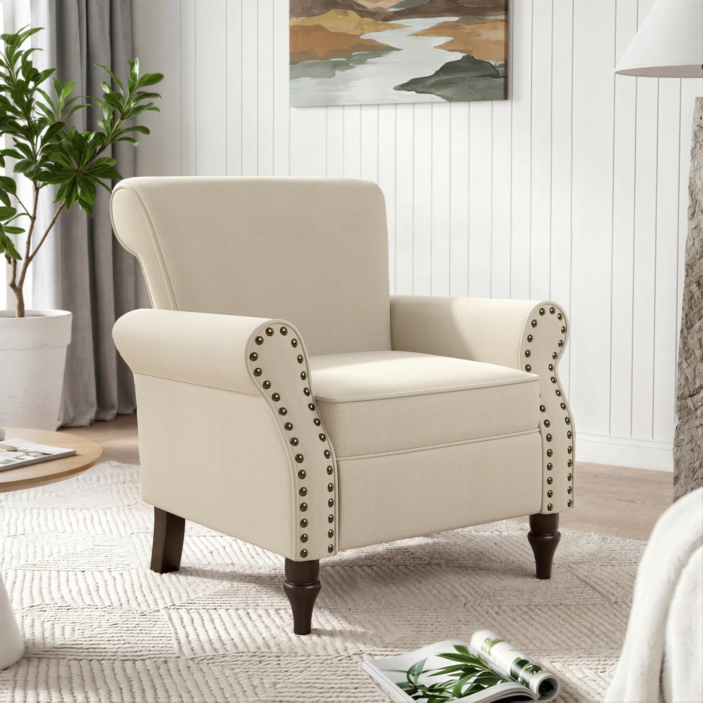 Wingback Accent Chairs Set of 2, Mid-Century Modern Upholstered Armchair Living Room Chair with Nailhead Trim & Rolled Armrest, Comfy Lounge Chair Single Sofa Chair for Bedroom, Light Blue