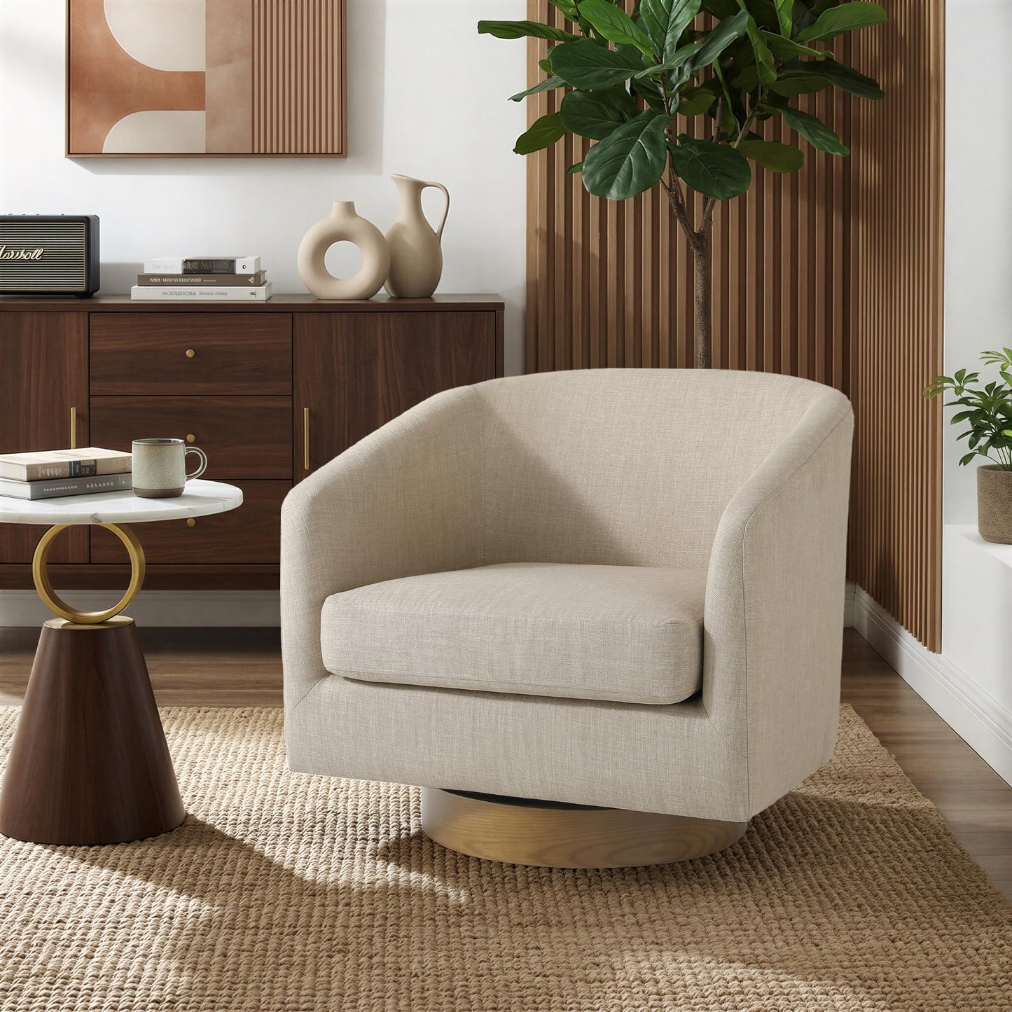 Swivel Barrel Chairs Set of 2, 31" W Modern Faux Leather Round Swivel Accent Chair for Living Room, 360° Rotation Upholstered Armchair Club Chair for Bedroom, Reading Room, Office (Brown)